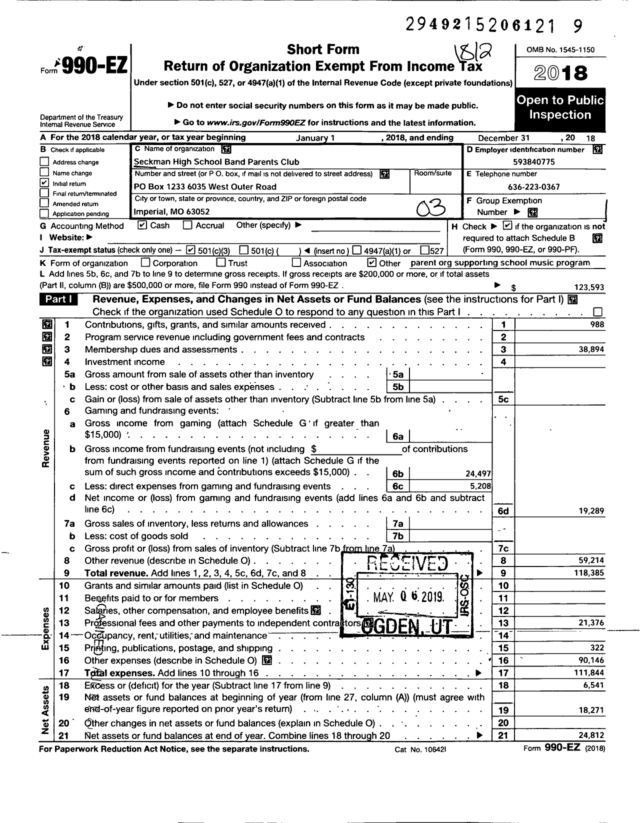 Image of first page of 2018 Form 990EZ for SHS Band Parents Club