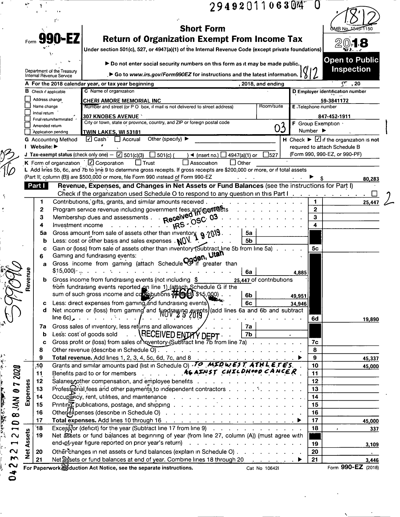 Image of first page of 2018 Form 990EZ for Cheri Amore Memorial