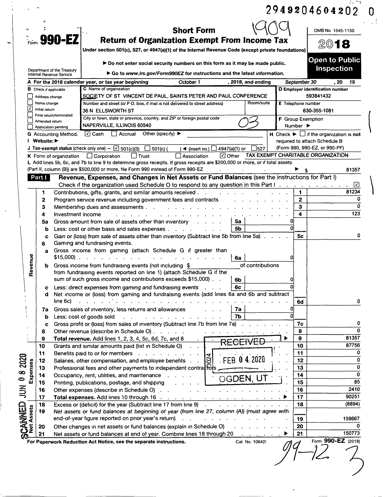 Image of first page of 2018 Form 990EZ for Society of Saint Vincent de Paul Saints Peter and Paul Conference O