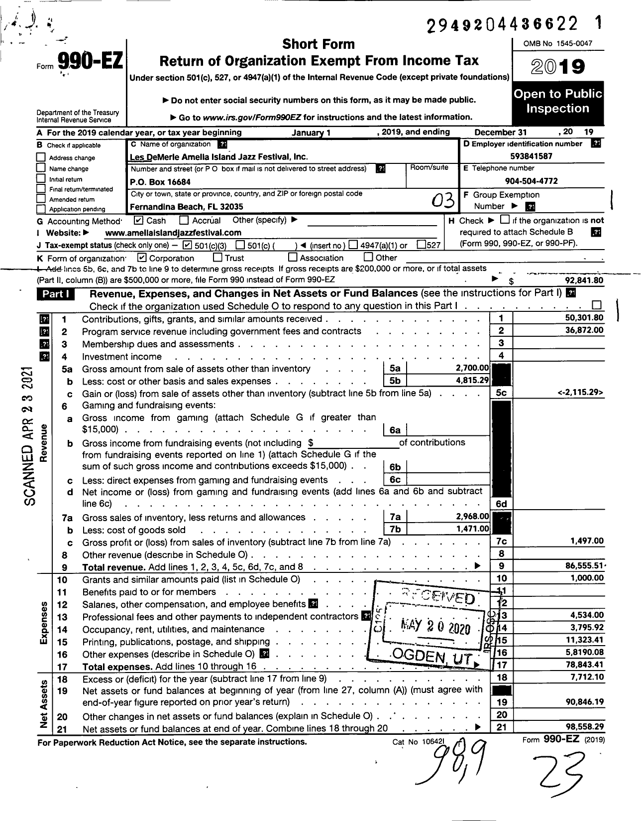 Image of first page of 2019 Form 990EZ for Les Demerle Amelia Island Jazz Festival