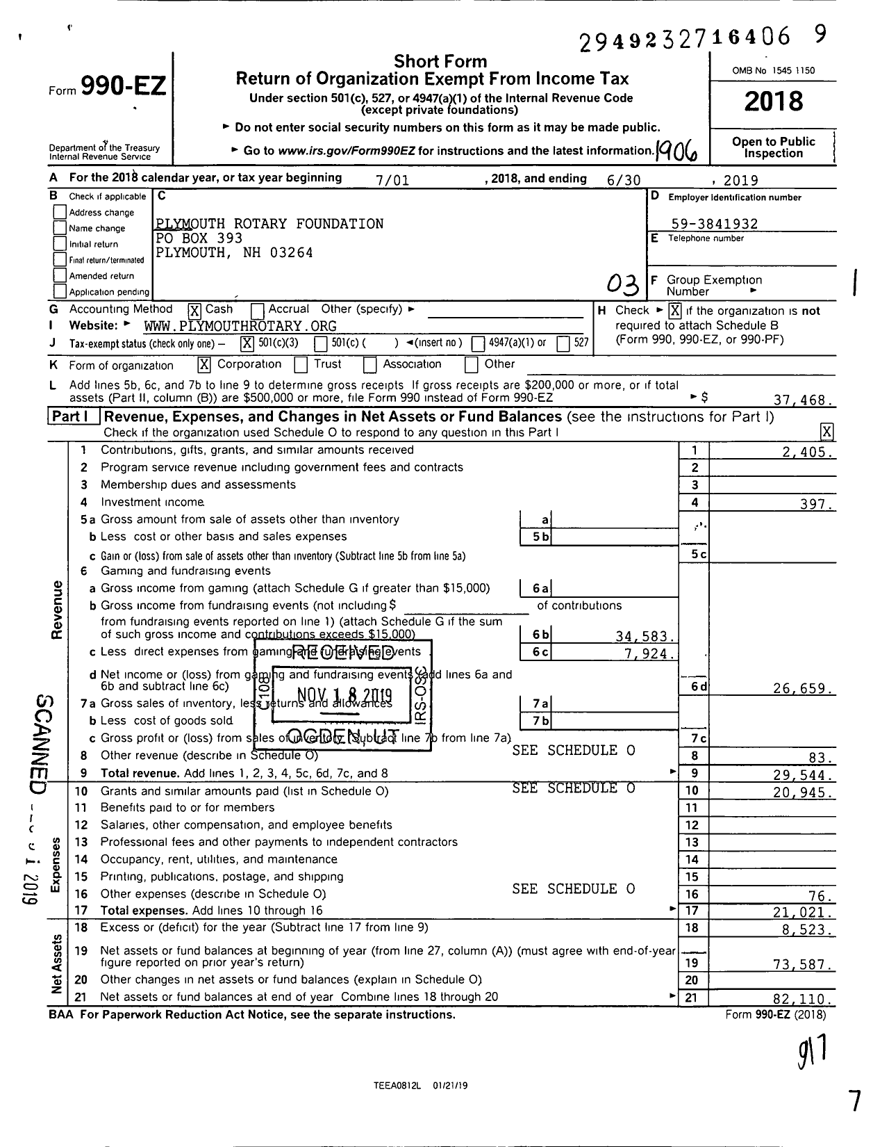 Image of first page of 2018 Form 990EZ for Plymouth Rotary Foundation