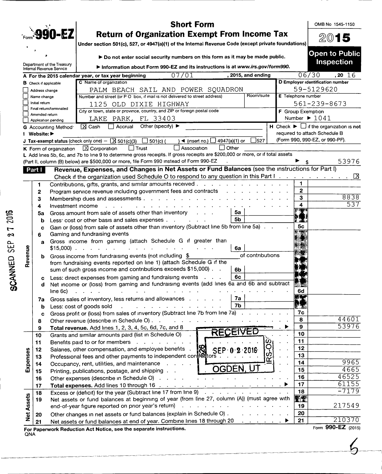 Image of first page of 2015 Form 990EZ for United States Power Squadrons - 8 Palm Beach Sail & Power Squadron