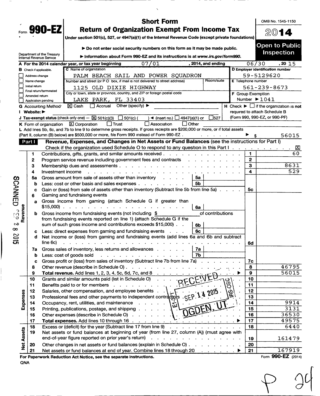 Image of first page of 2014 Form 990EZ for United States Power Squadrons - 8 Palm Beach Sail & Power Squadron