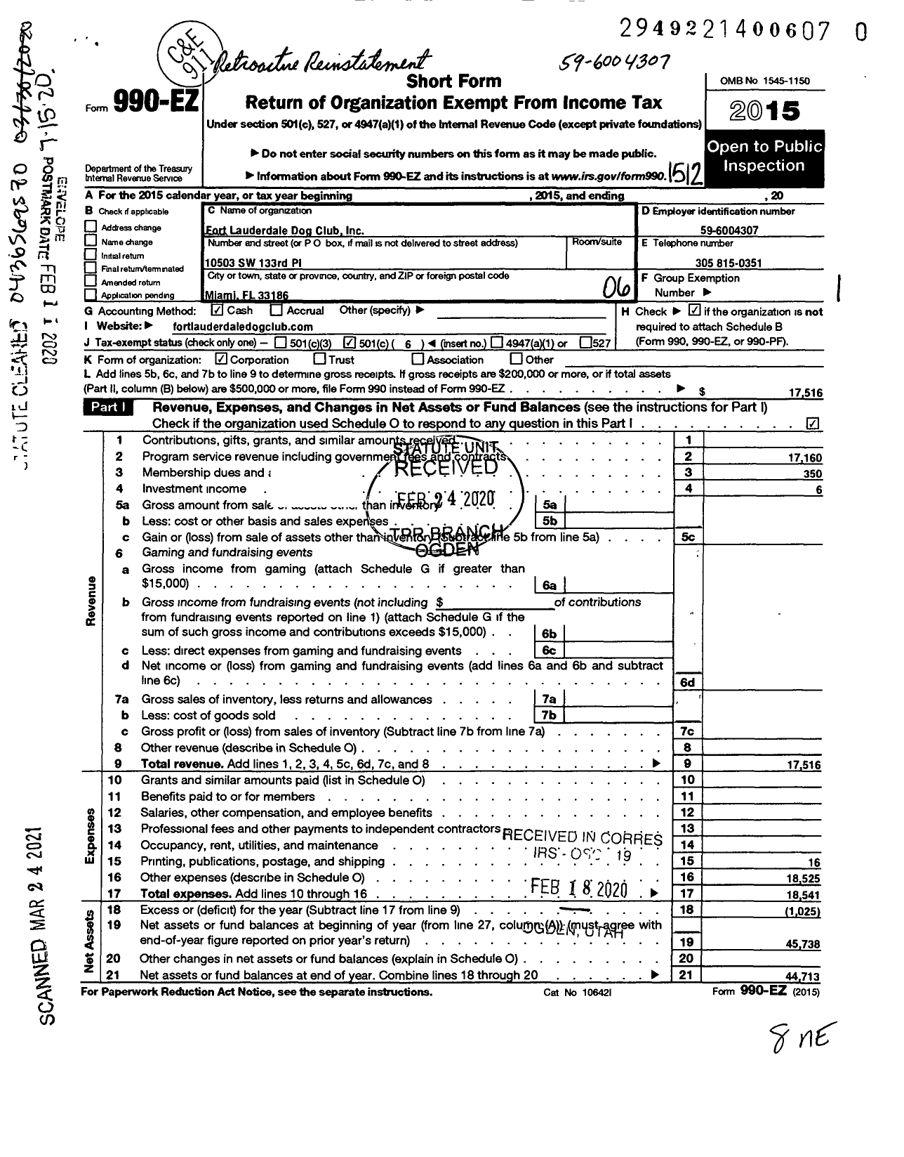 Image of first page of 2015 Form 990EO for Fort Lauderdale Dog Club