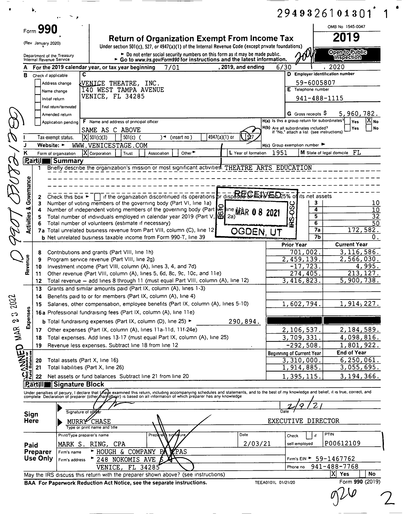 Image of first page of 2019 Form 990 for Venice Theatre