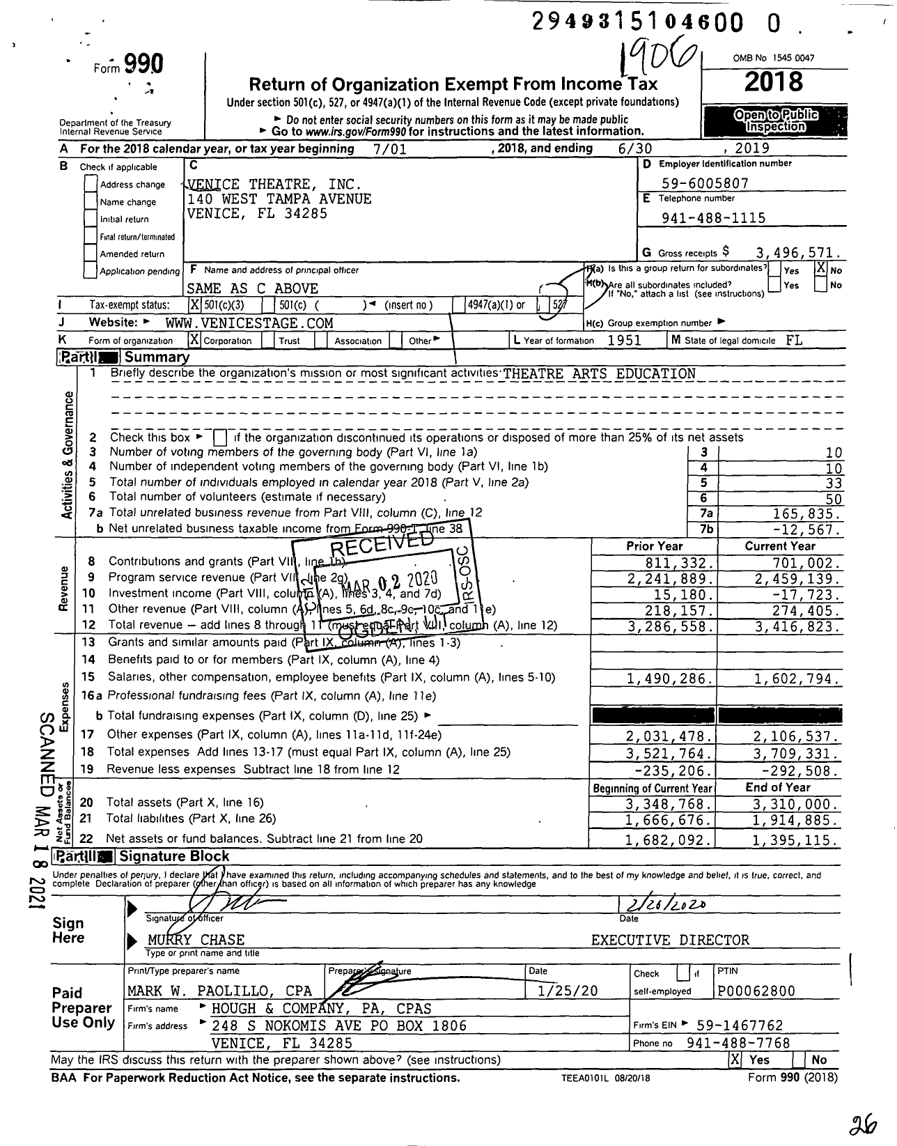 Image of first page of 2018 Form 990 for Venice Theatre