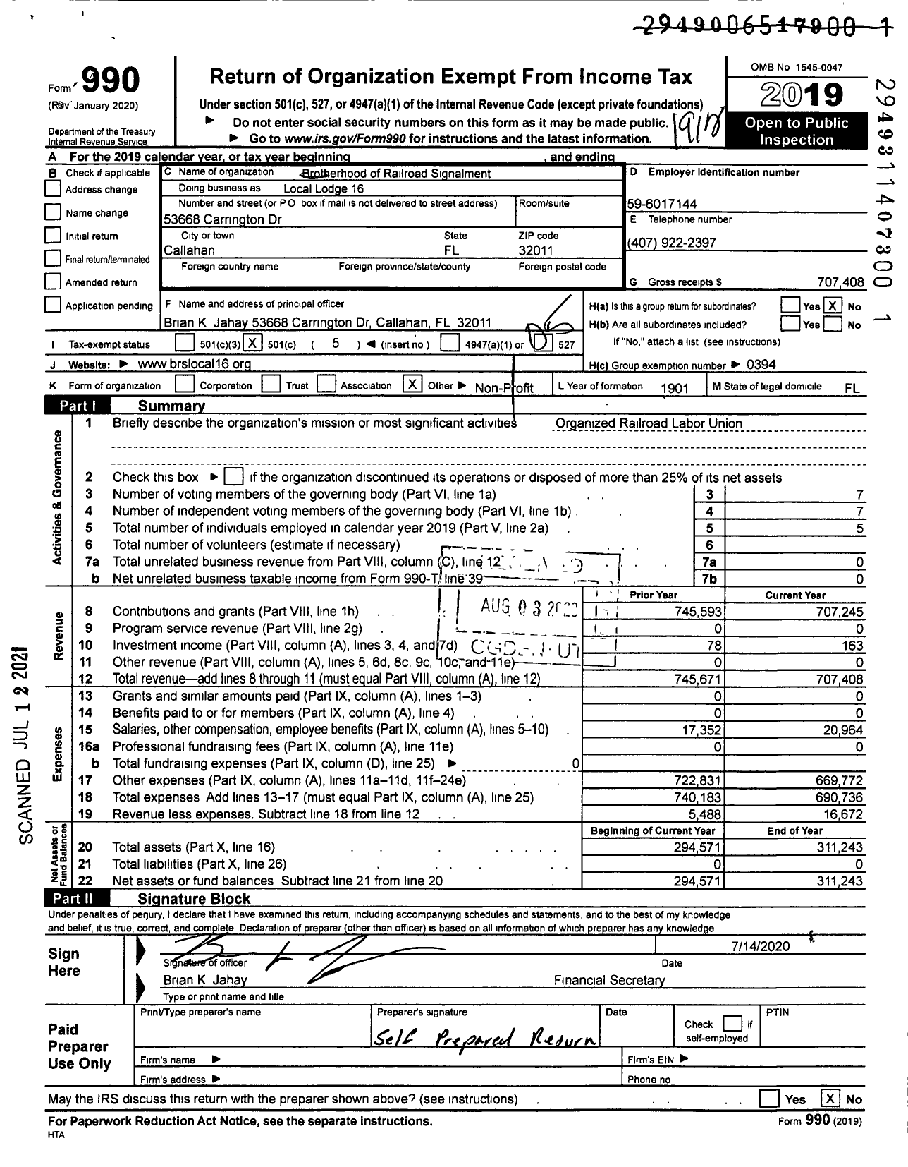 Image of first page of 2019 Form 990O for Brotherhood of Railroad Signalmen - 16 SCL Local