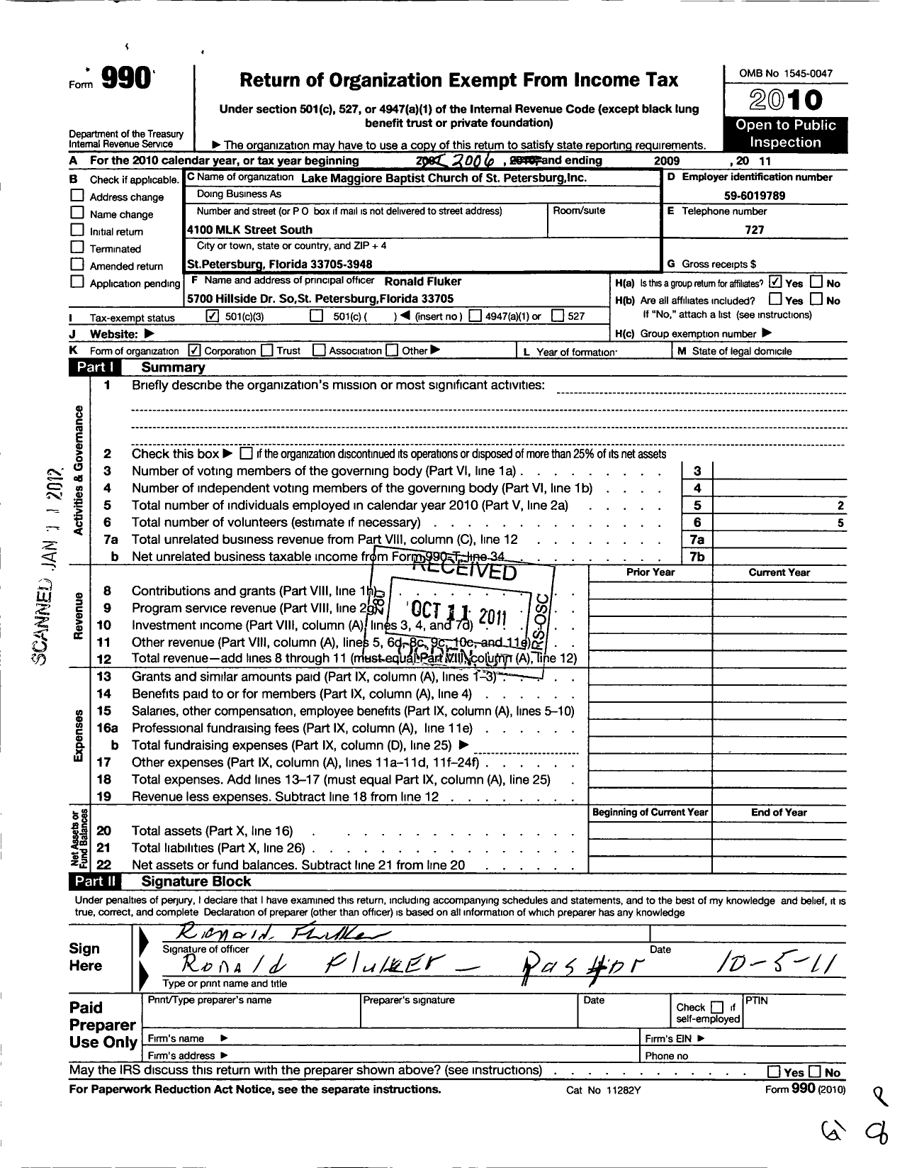 Image of first page of 2011 Form 990 for Lake Maggiore Baptist Church of St Pete
