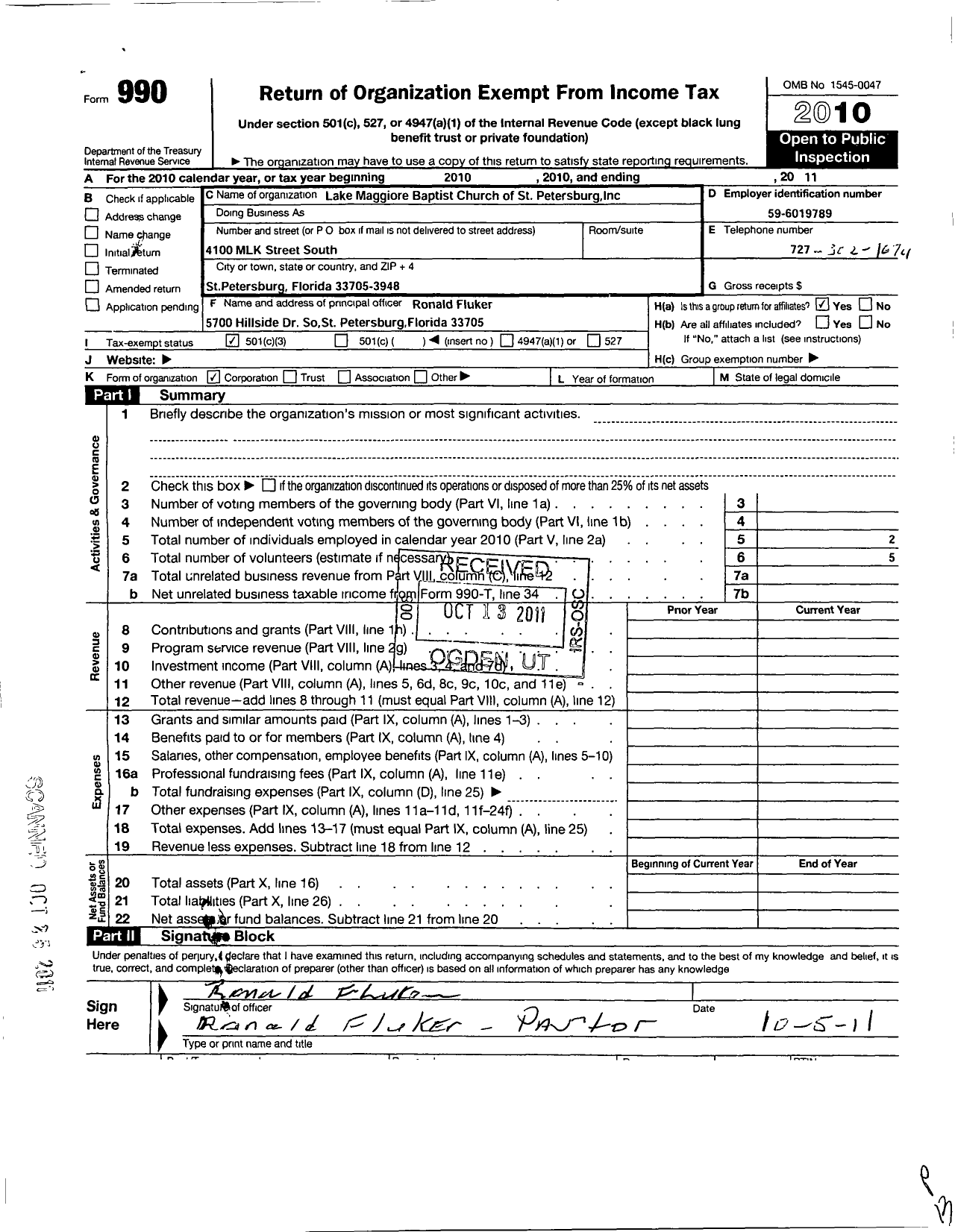 Image of first page of 2011 Form 990 for Lake Maggiore Baptist Church of St Pete