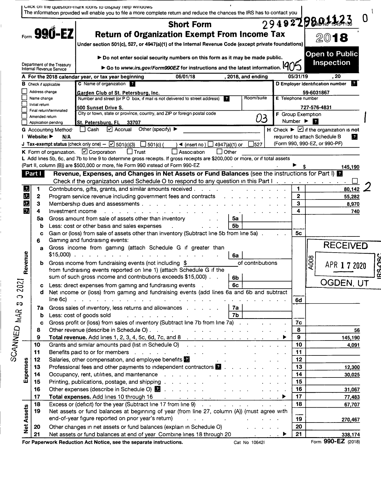 Image of first page of 2018 Form 990EZ for Garden Club of St Petersburg