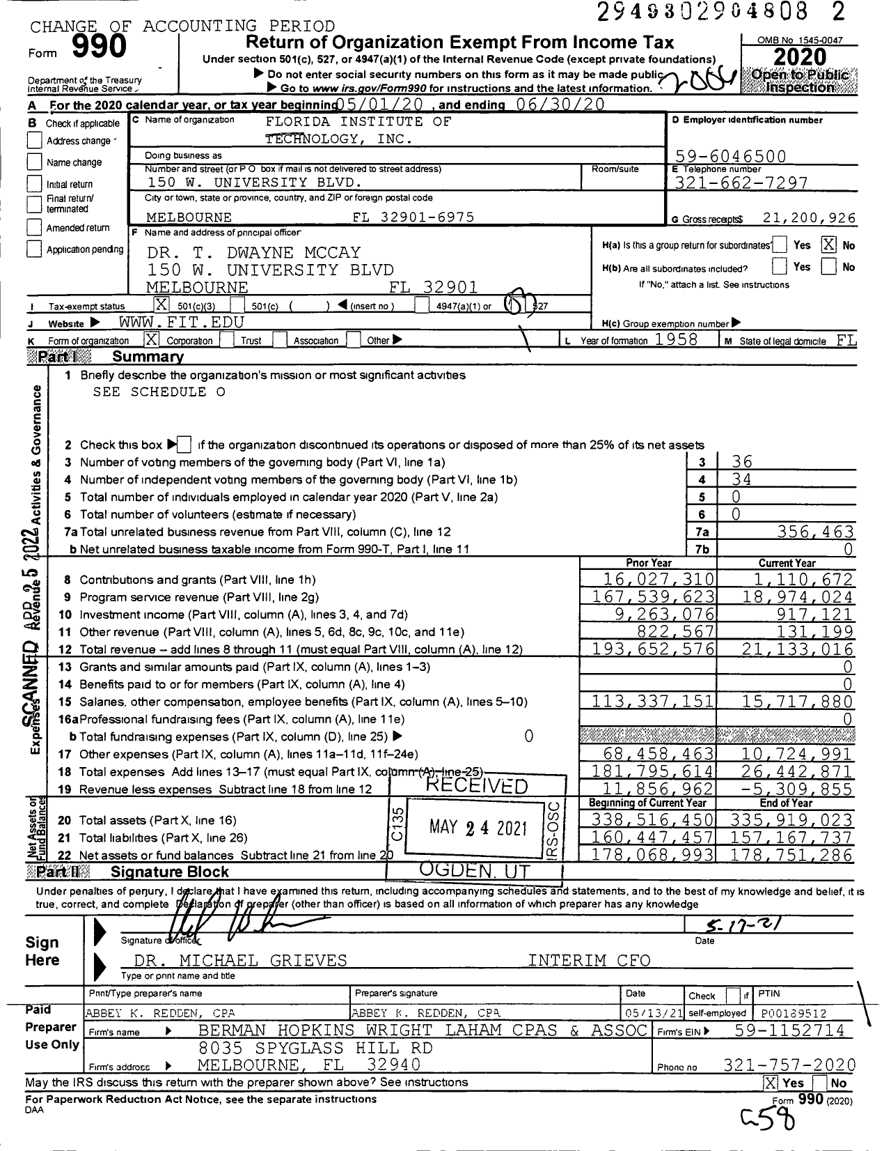 Image of first page of 2019 Form 990 for Florida Institute of Technology (FIT)