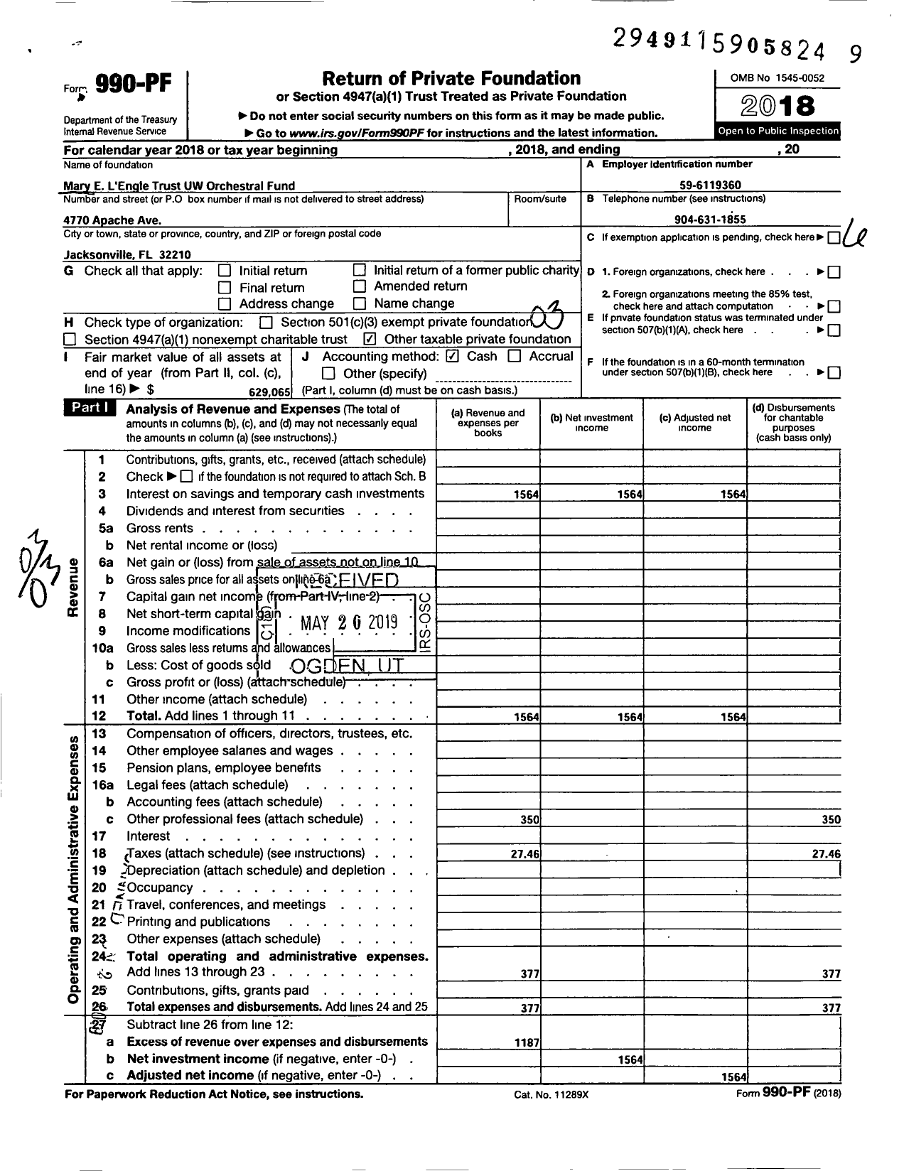 Image of first page of 2018 Form 990PF for Mary E LEngle Trust UW Orchestral Fund