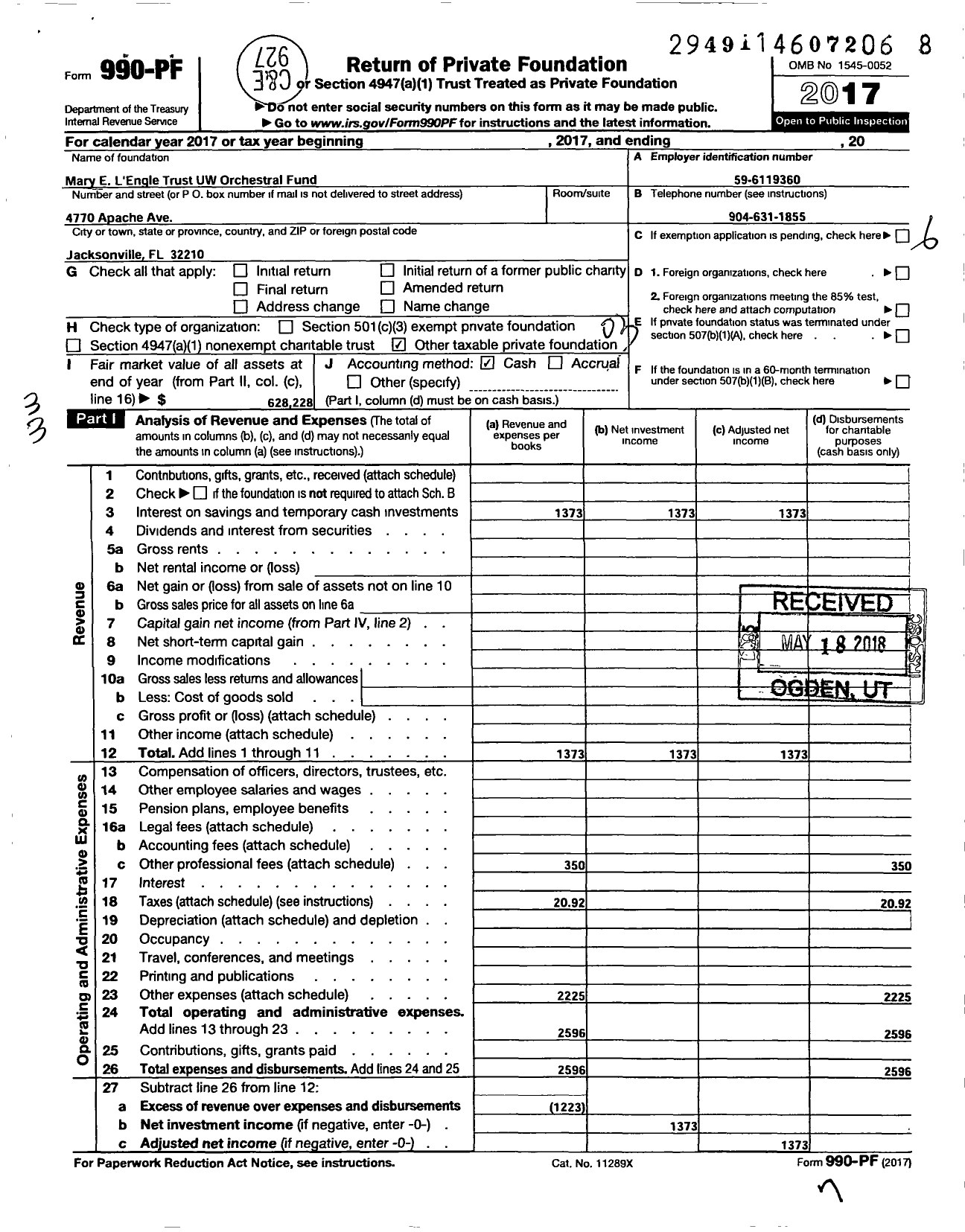 Image of first page of 2017 Form 990PF for Mary E LEngle Trust UW Orchestral Fund