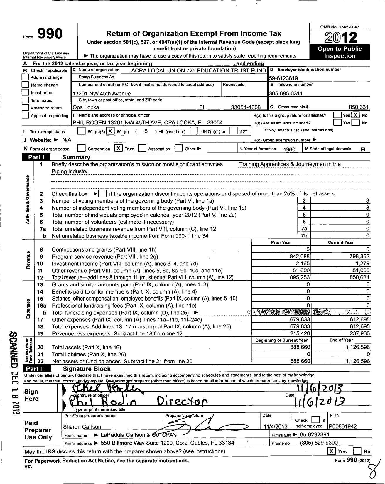 Image of first page of 2012 Form 990O for Acra Local Union 725 Education Trust Fund