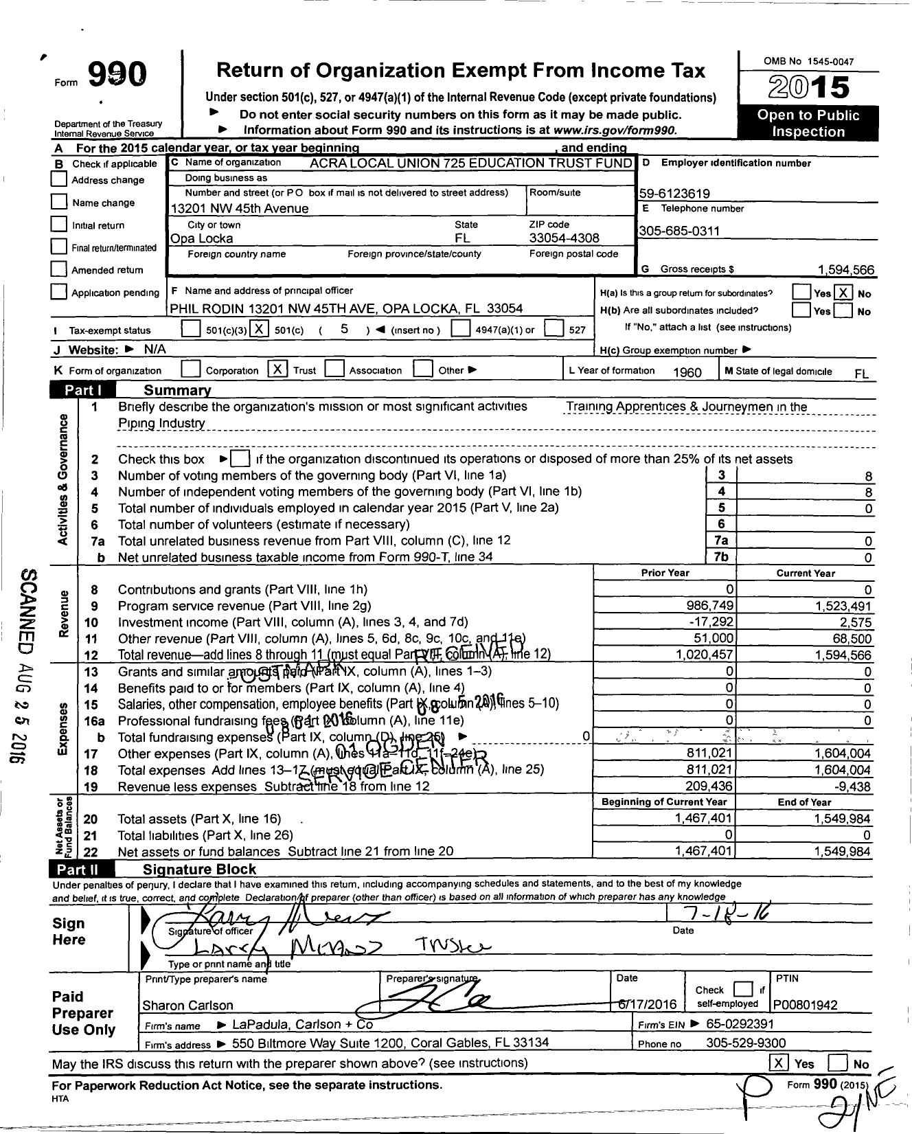 Image of first page of 2015 Form 990O for Acra Local Union 725 Education Trust Fund