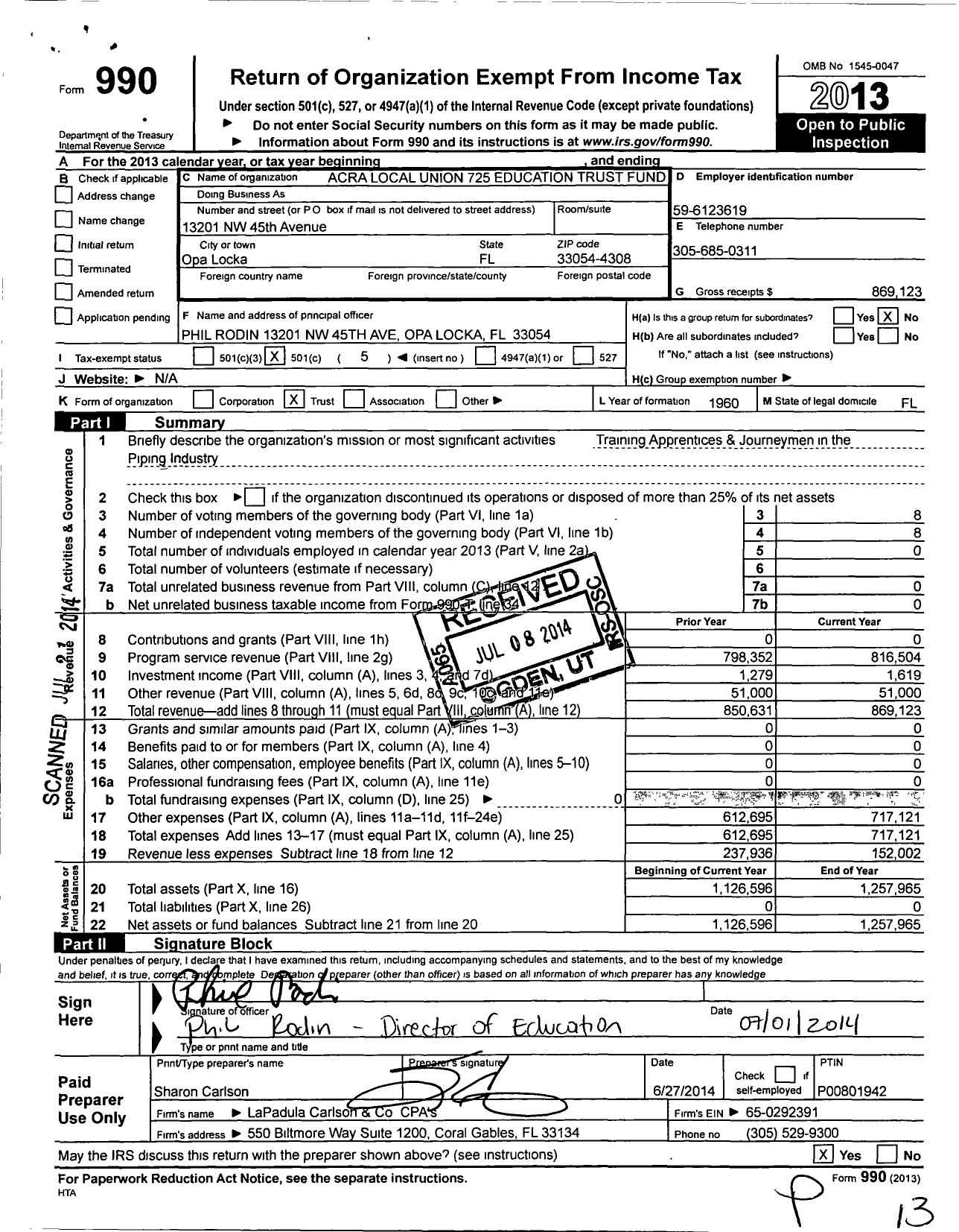 Image of first page of 2013 Form 990O for Acra Local Union 725 Education Trust Fund