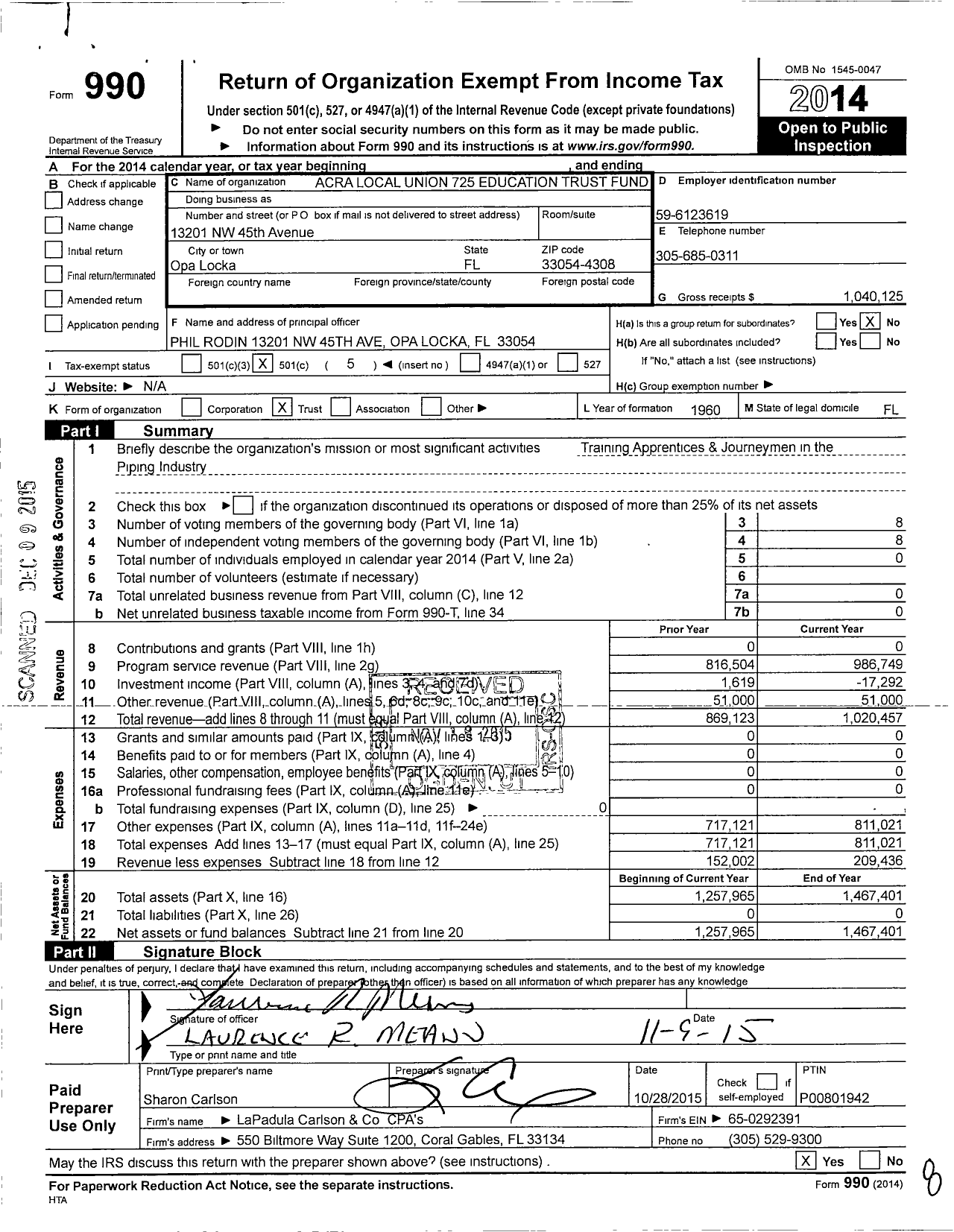 Image of first page of 2014 Form 990O for Acra Local Union 725 Education Trust Fund