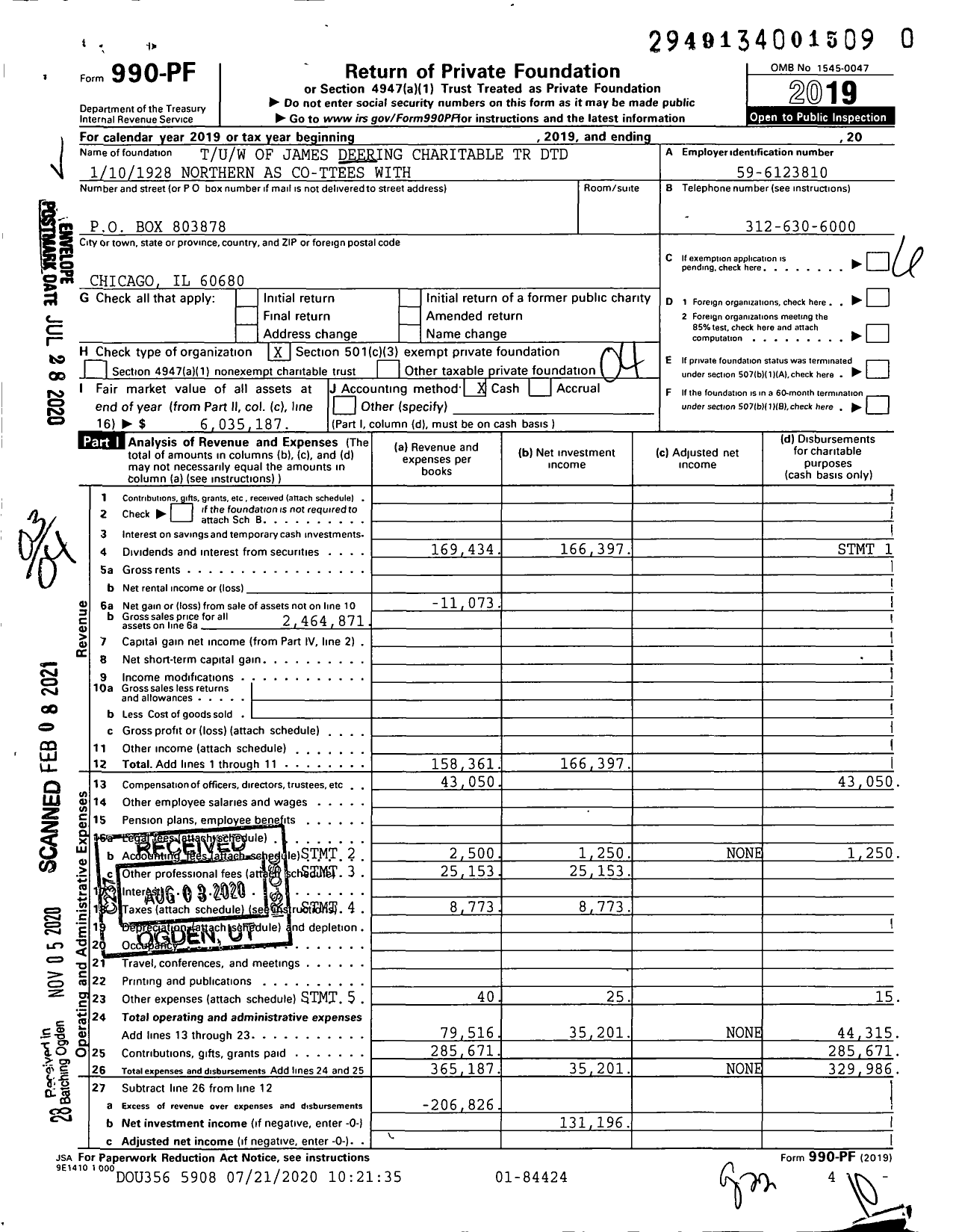 Image of first page of 2019 Form 990PF for Tuw of James Deering Charitable TR DTD