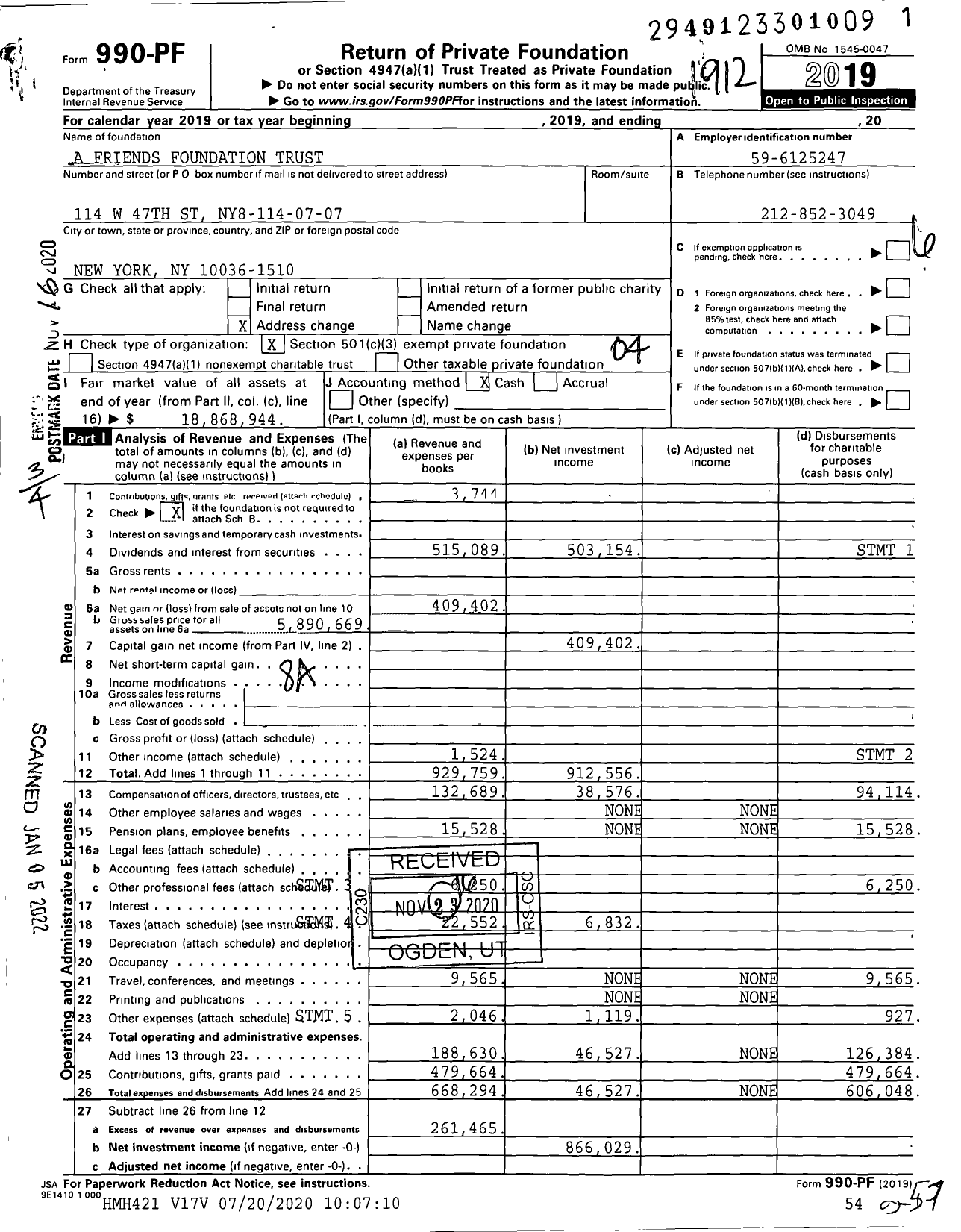 Image of first page of 2019 Form 990PF for A Friends Foundation Trust