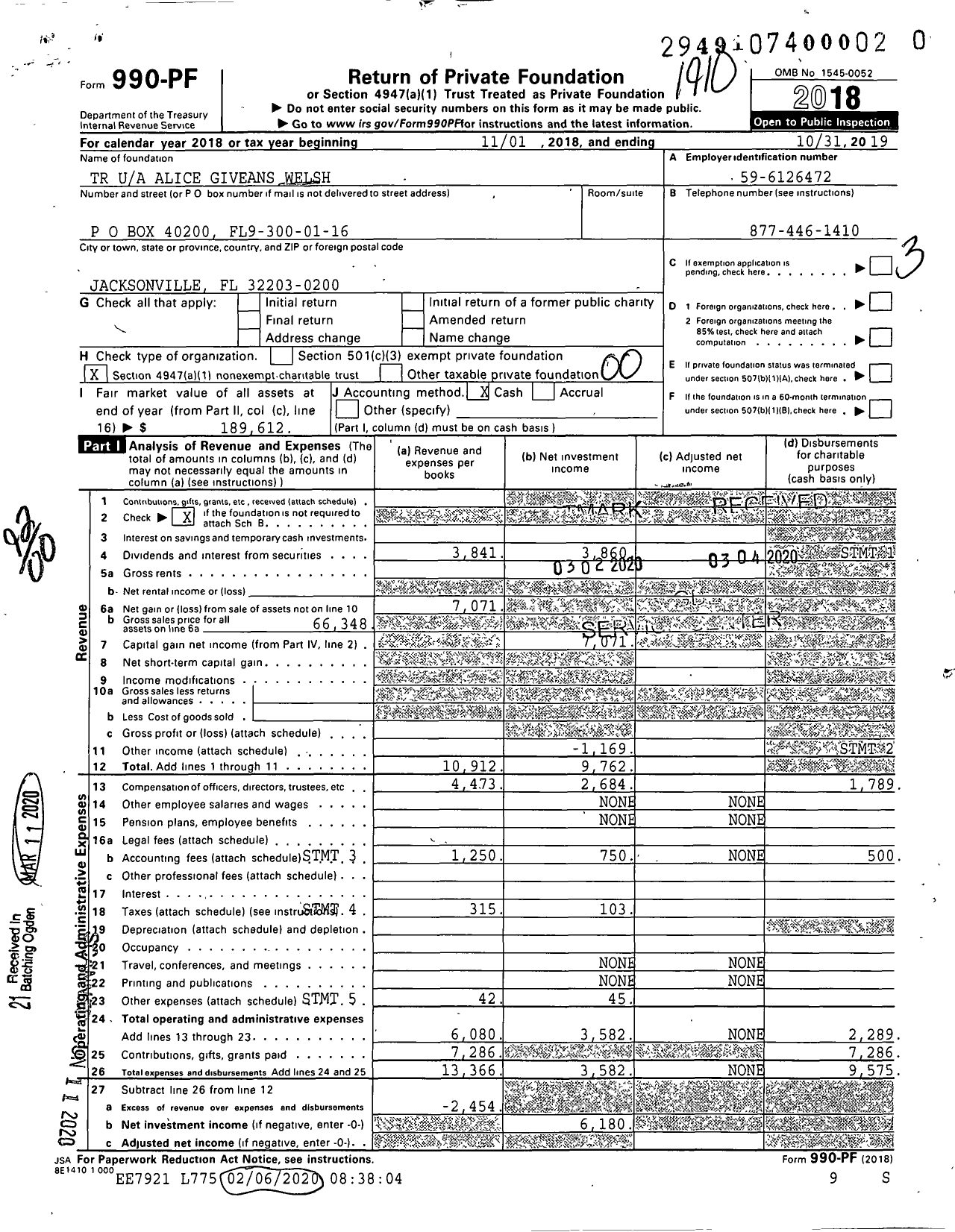 Image of first page of 2018 Form 990PR for TR Alice Giveans Welsh