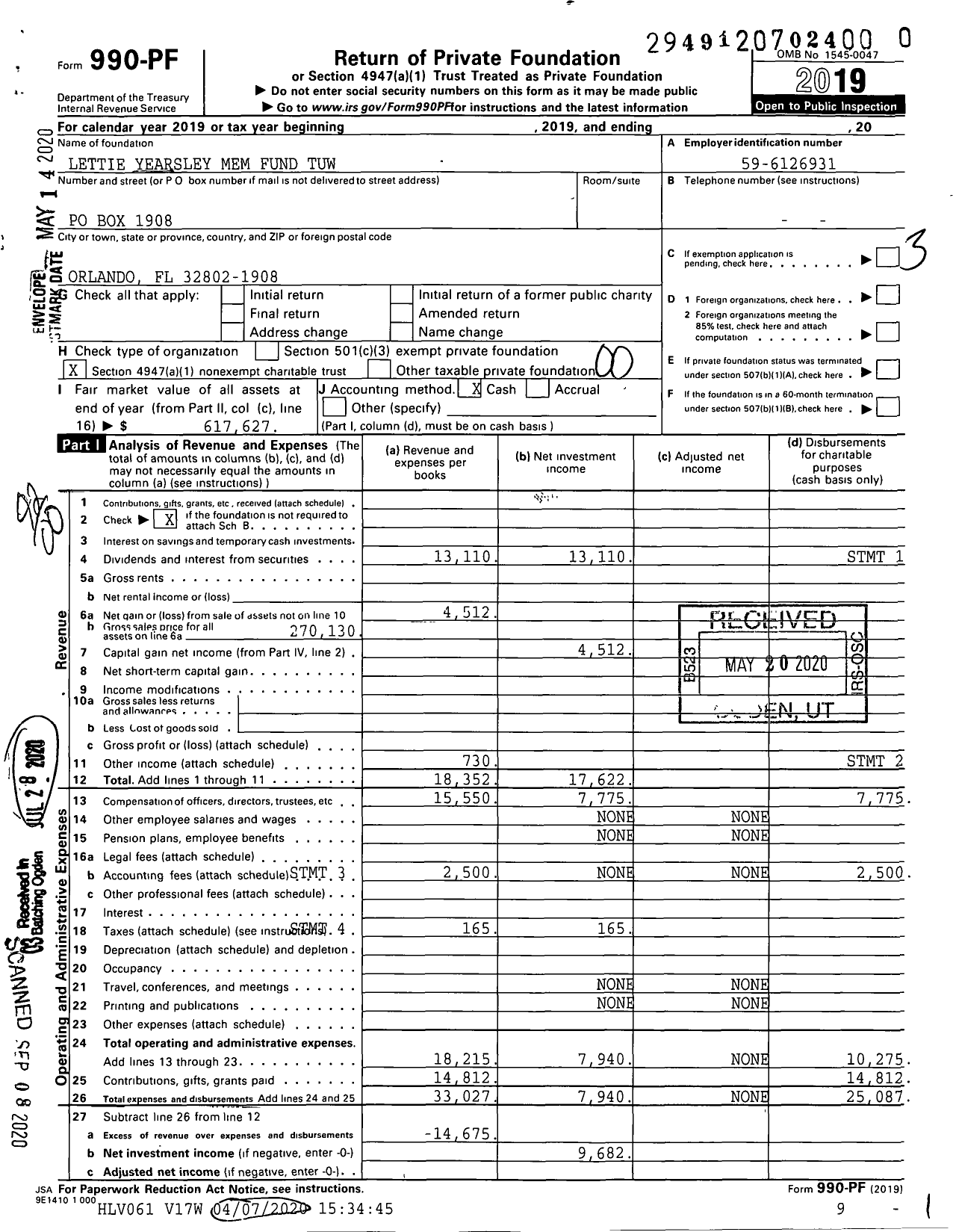 Image of first page of 2019 Form 990PR for Lettie Yearsley Mem Fund Tuw