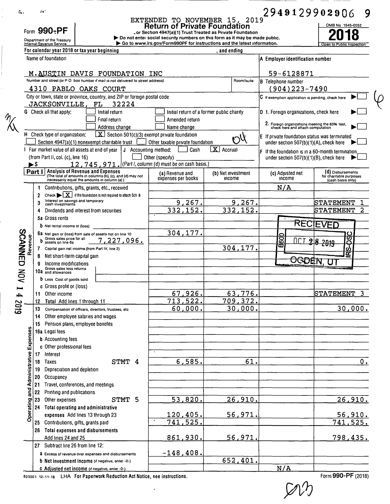Image of first page of 2018 Form 990PF for Maustin Davis Foundation