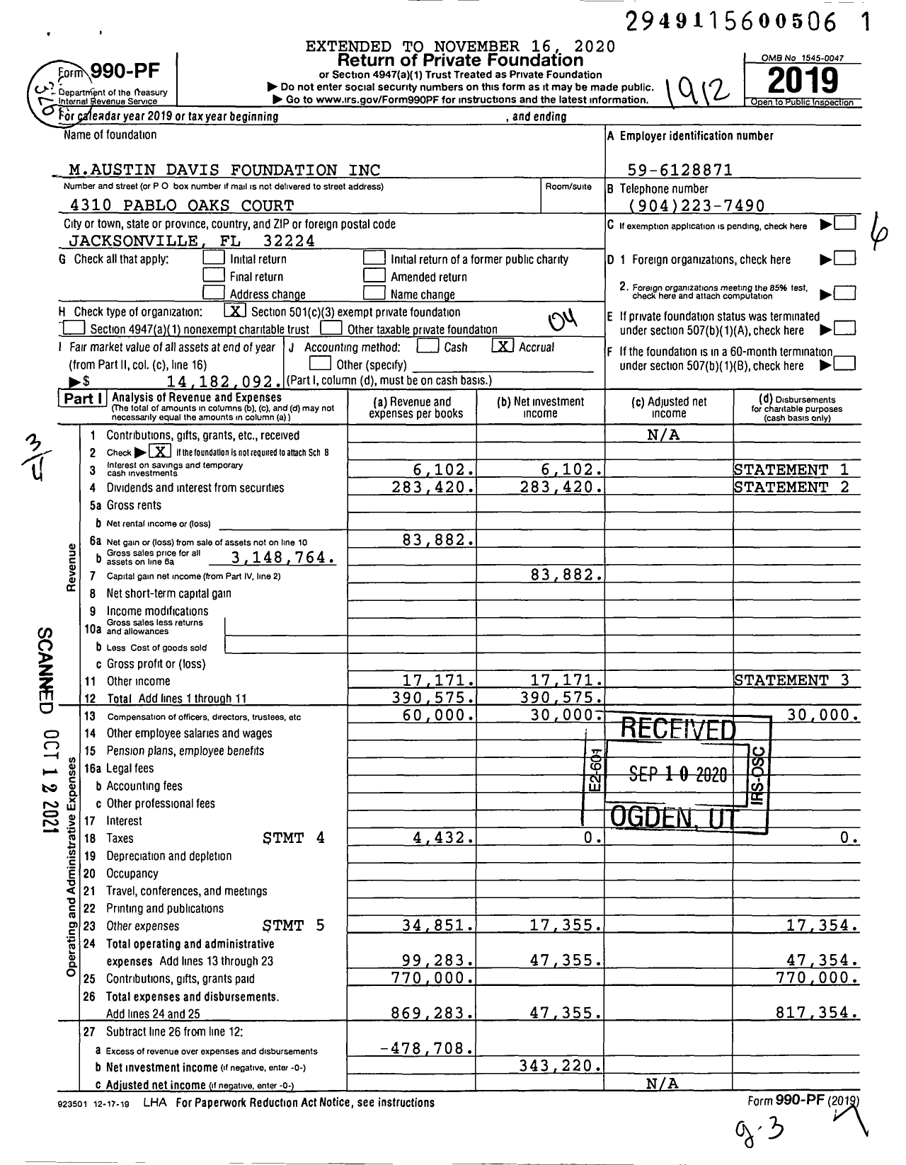 Image of first page of 2019 Form 990PF for Maustin Davis Foundation