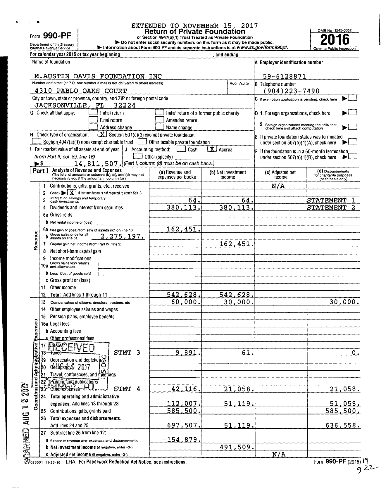 Image of first page of 2016 Form 990PF for Maustin Davis Foundation