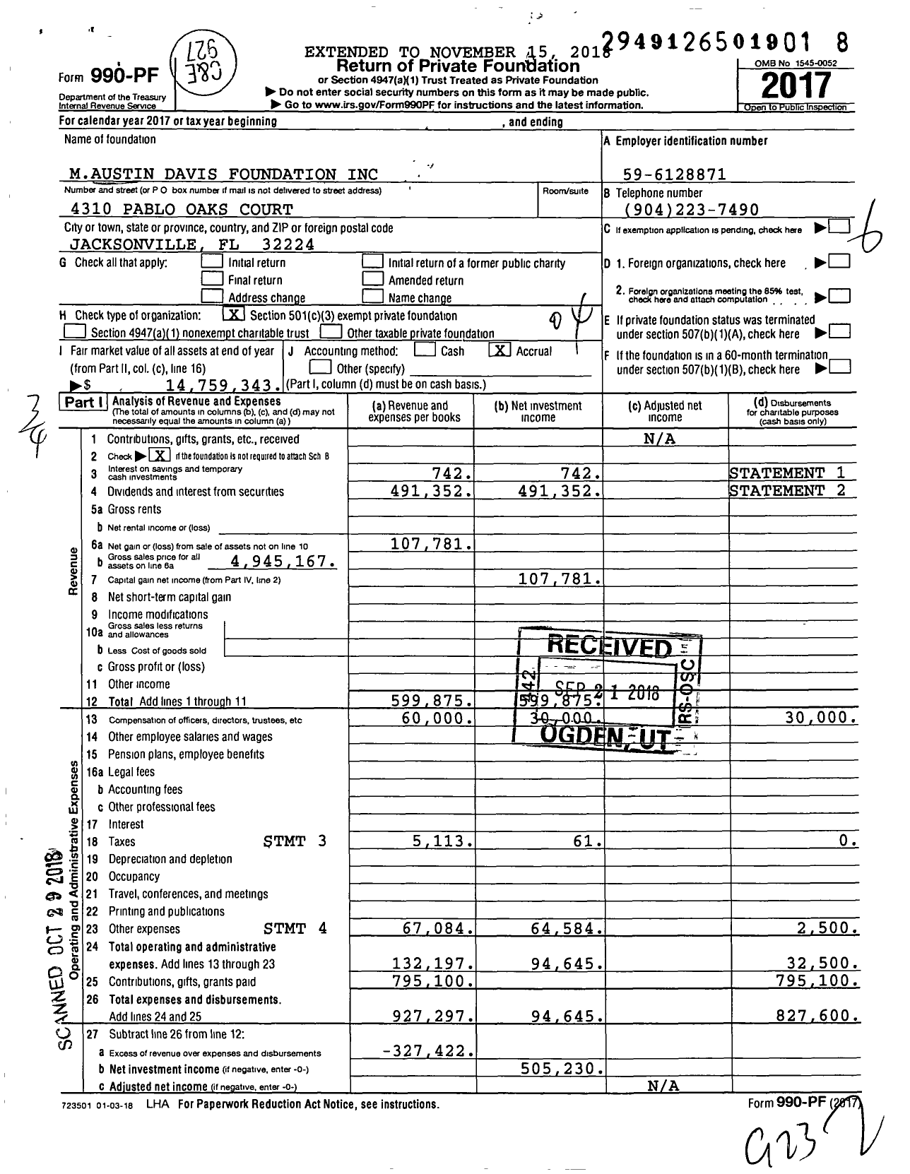 Image of first page of 2017 Form 990PF for Maustin Davis Foundation
