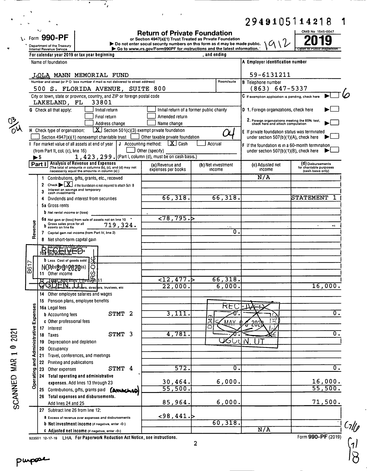 Image of first page of 2019 Form 990PF for Lola Mann Memorial Fund