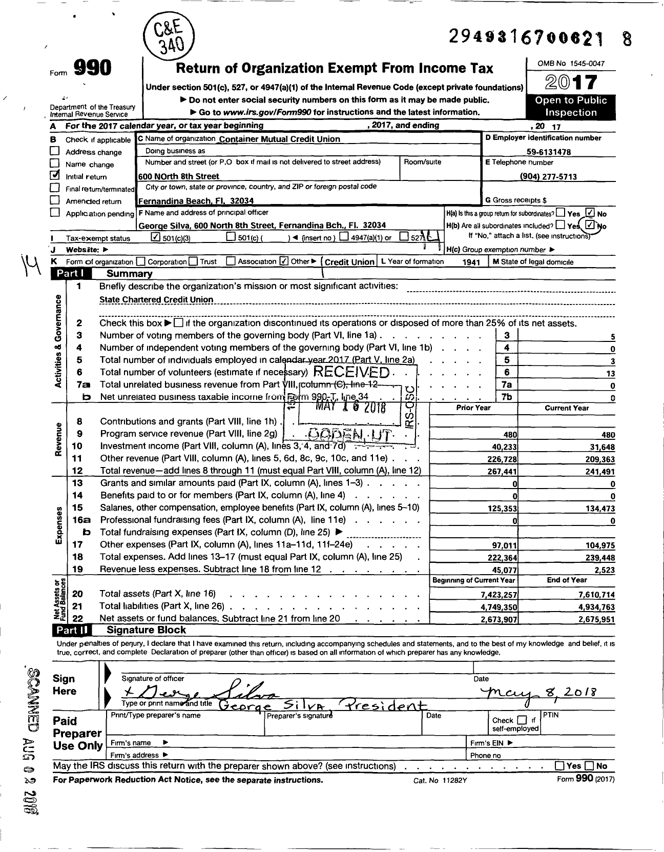 Image of first page of 2017 Form 990O for Container Mutual Credit Union
