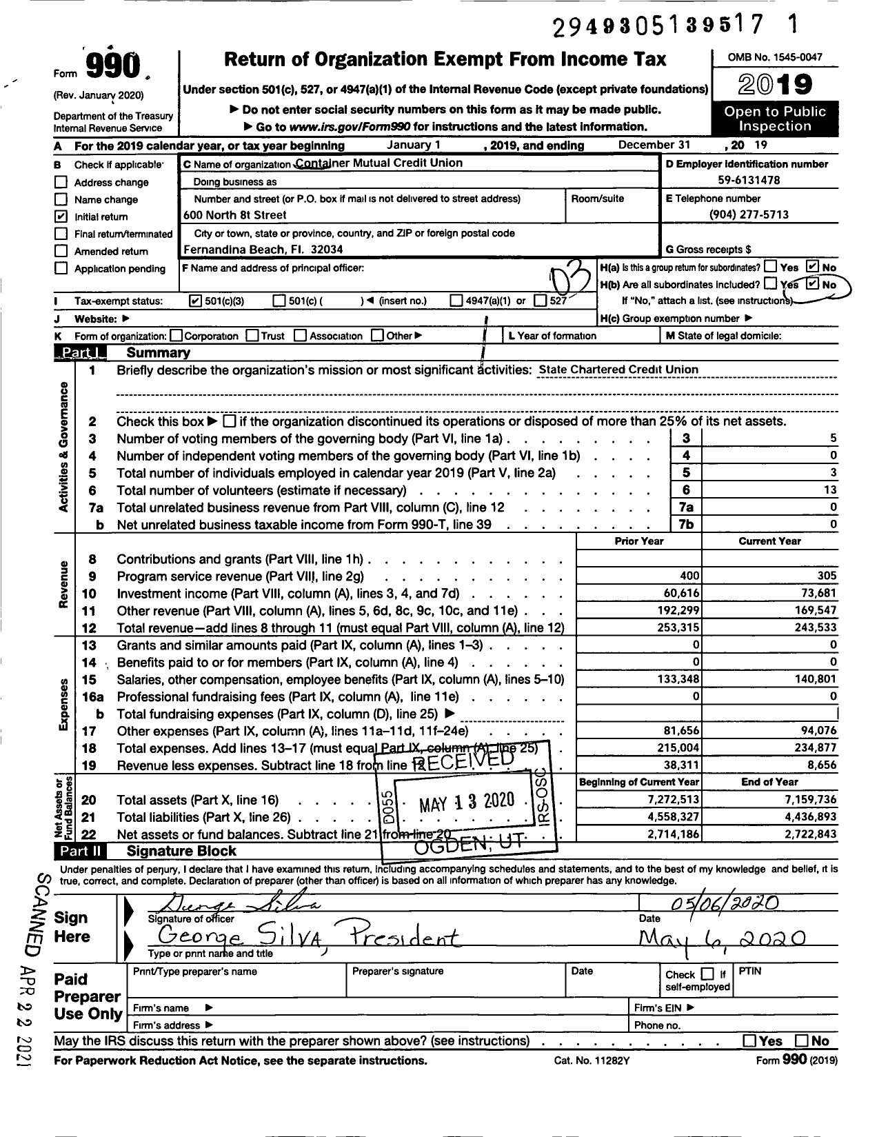 Image of first page of 2019 Form 990 for Container Mutual Credit Union