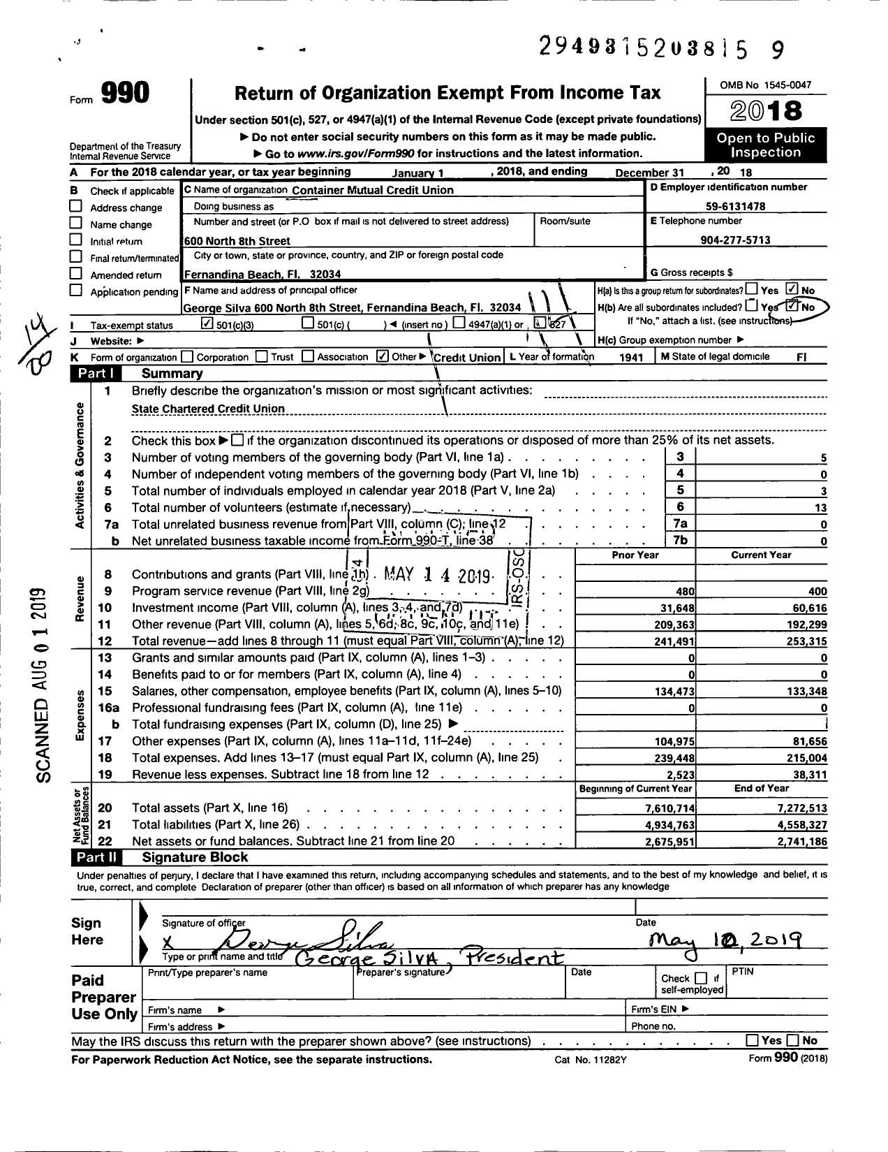 Image of first page of 2018 Form 990O for Container Mutual Credit Union