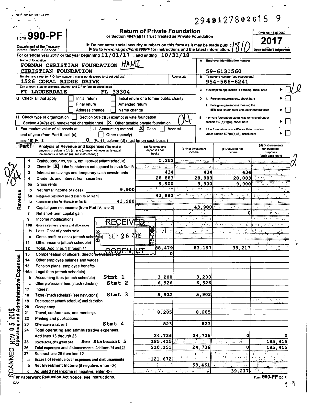 Image of first page of 2017 Form 990PF for Hamilton M and Blanche C Forman Christian Foundation