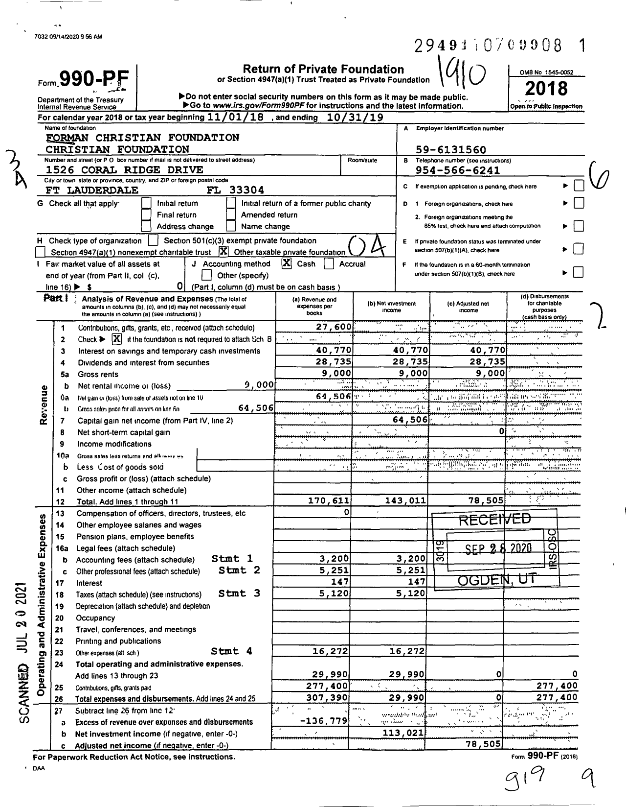 Image of first page of 2018 Form 990PF for Hamilton M and Blanche C Forman Christian Foundation