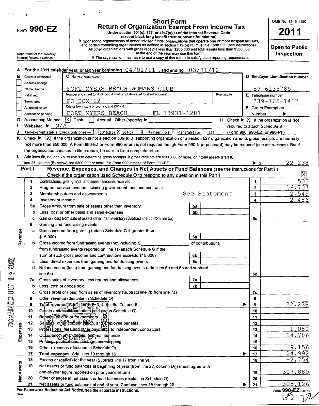 Image of first page of 2011 Form 990EO for Fort Myers Beach Womans Club