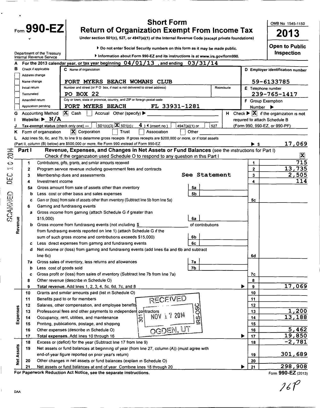 Image of first page of 2013 Form 990EO for Fort Myers Beach Womans Club