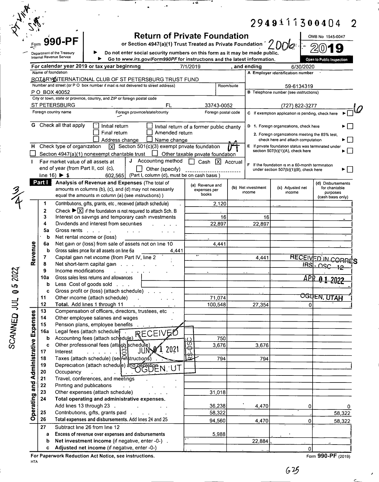 Image of first page of 2019 Form 990PF for Rotary International Club of St Petersburg Trust Fund