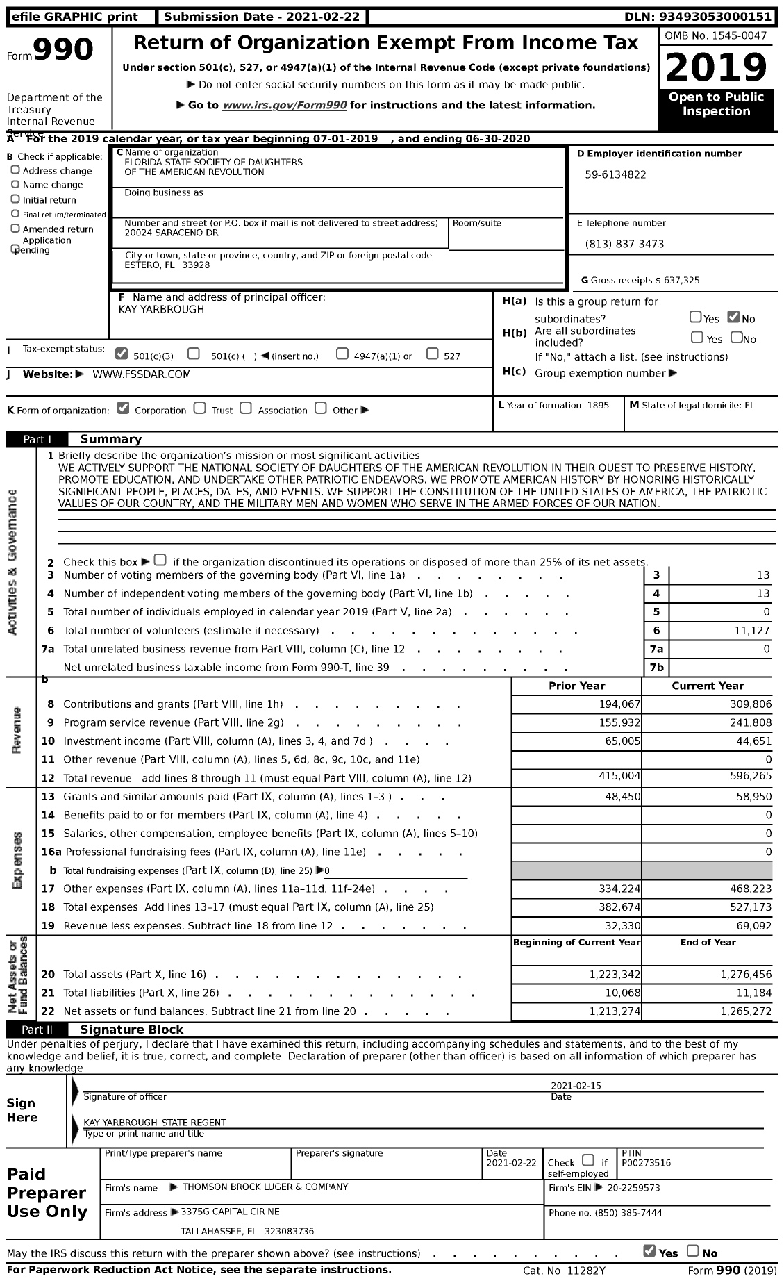 Image of first page of 2019 Form 990 for Daughters of the American Revolution - Florida State Society Dar