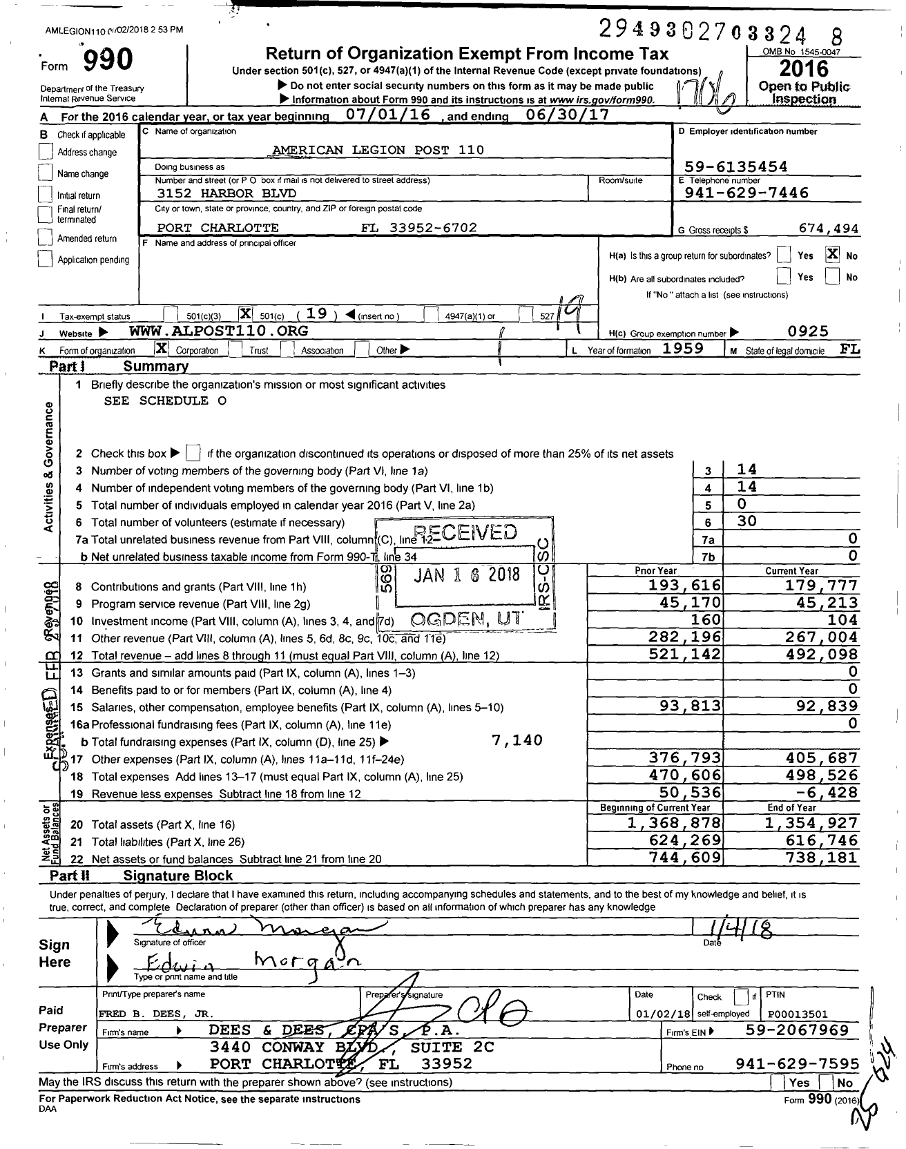 Image of first page of 2016 Form 990O for The Port Charlotte Post No 110 the American Legion Dept of FL