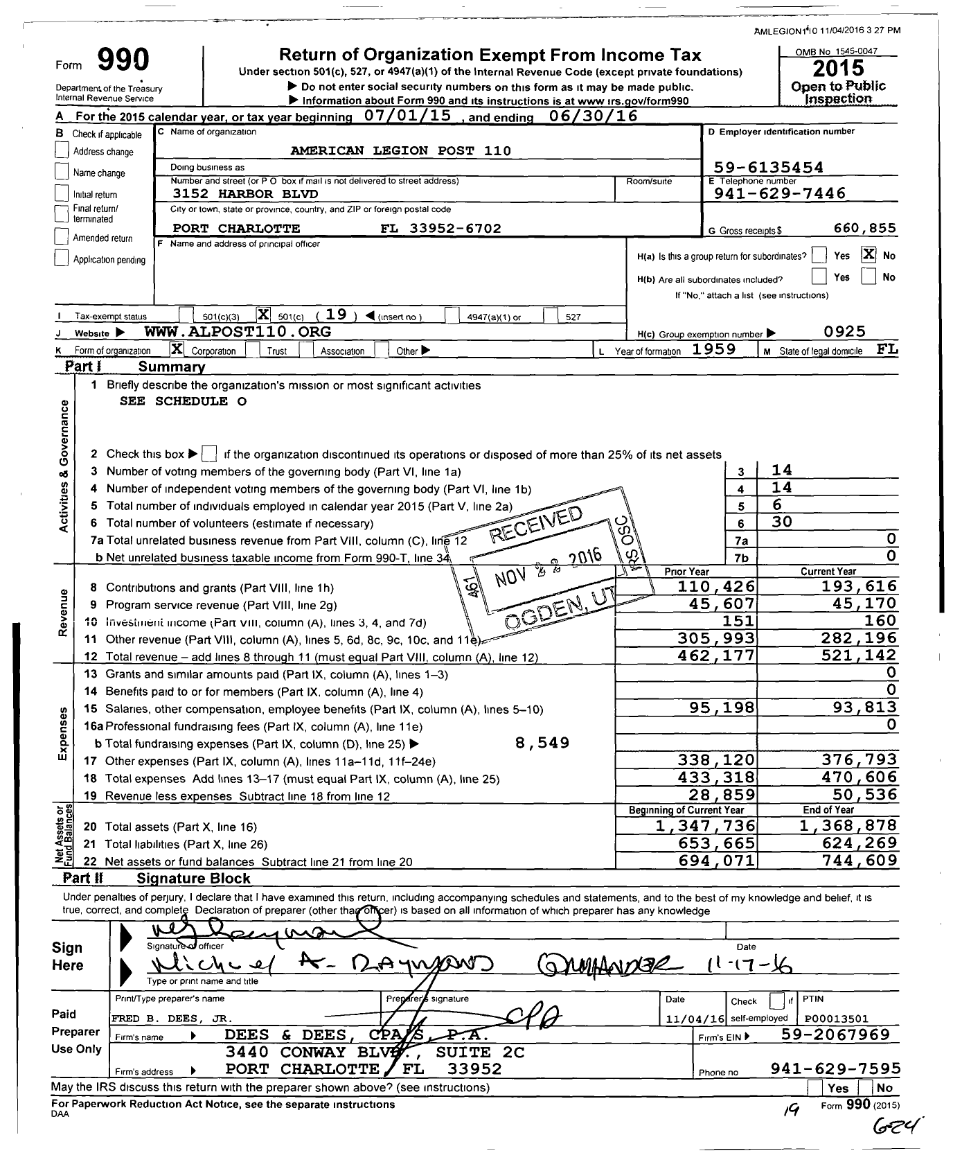 Image of first page of 2015 Form 990O for The Port Charlotte Post No 110 the American Legion Dept of FL