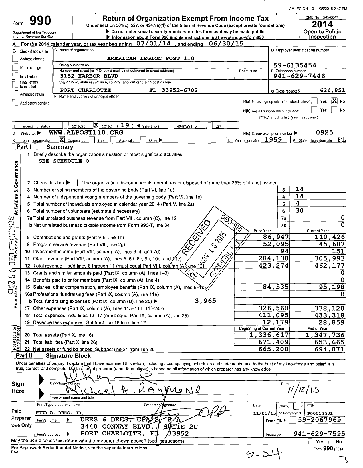 Image of first page of 2014 Form 990O for The Port Charlotte Post No 110 the American Legion Dept of FL