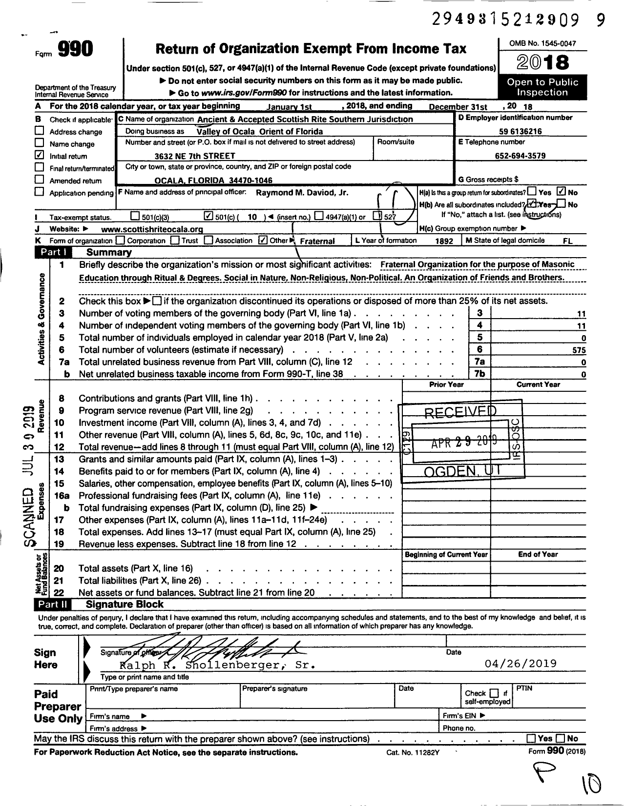 Image of first page of 2018 Form 990O for Scottish Rite of Freemasonry Southern Jurisdiction - Valley of Ocala & Coord Bodies