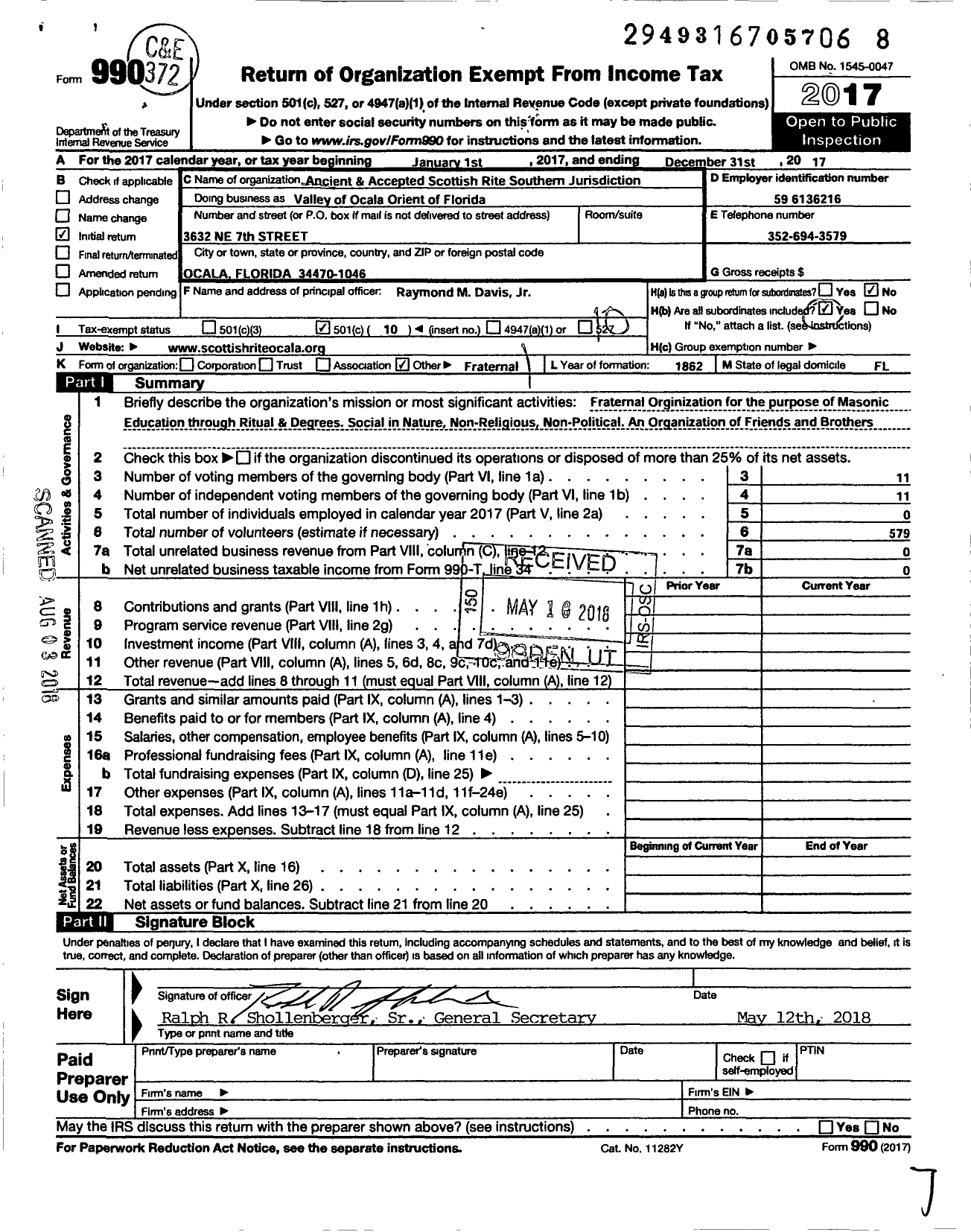 Image of first page of 2017 Form 990O for Scottish Rite of Freemasonry Southern Jurisdiction - Valley of Ocala & Coord Bodies