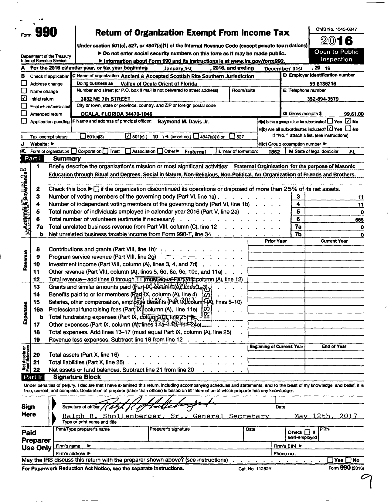 Image of first page of 2016 Form 990O for Scottish Rite of Freemasonry Southern Jurisdiction - Valley of Ocala & Coord Bodies