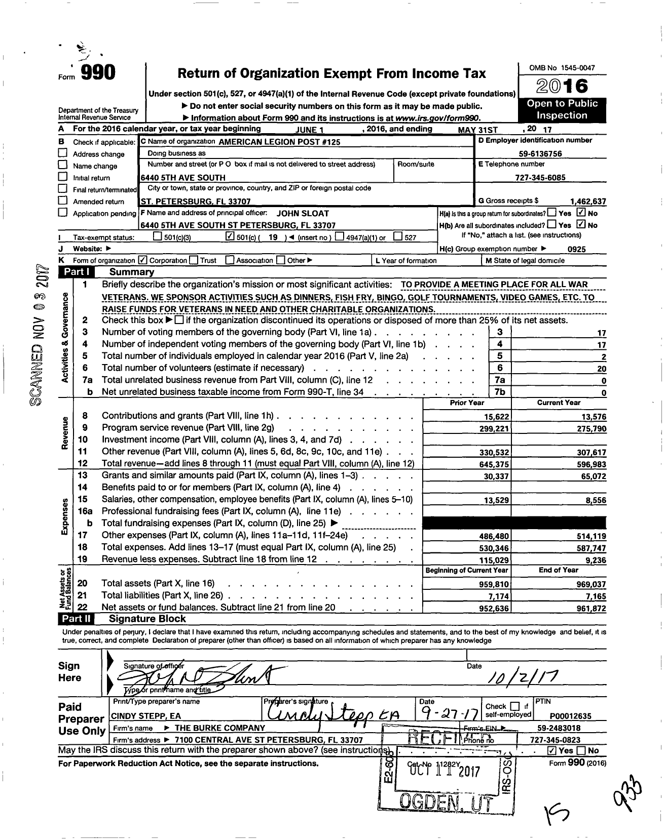 Image of first page of 2016 Form 990O for American Legion - 125 Andy Anderson FL Post