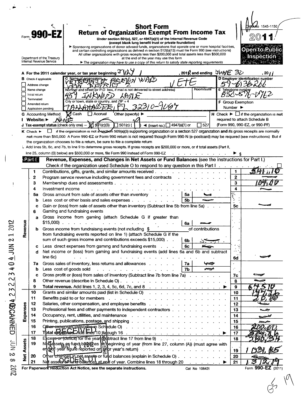 Image of first page of 2010 Form 990EO for VFW Department of Florida - VFW District 2