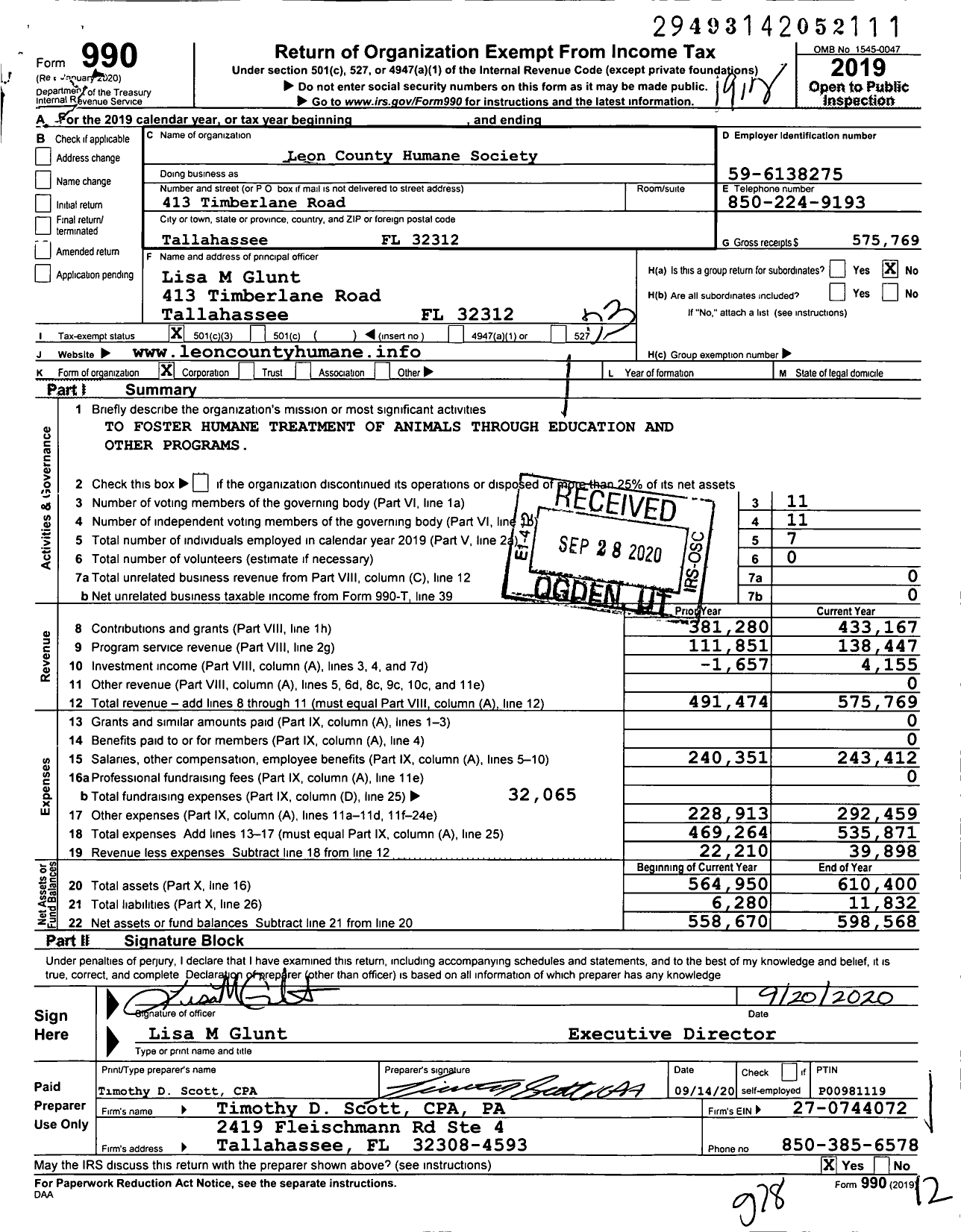 Image of first page of 2019 Form 990 for Leon County Humane Society