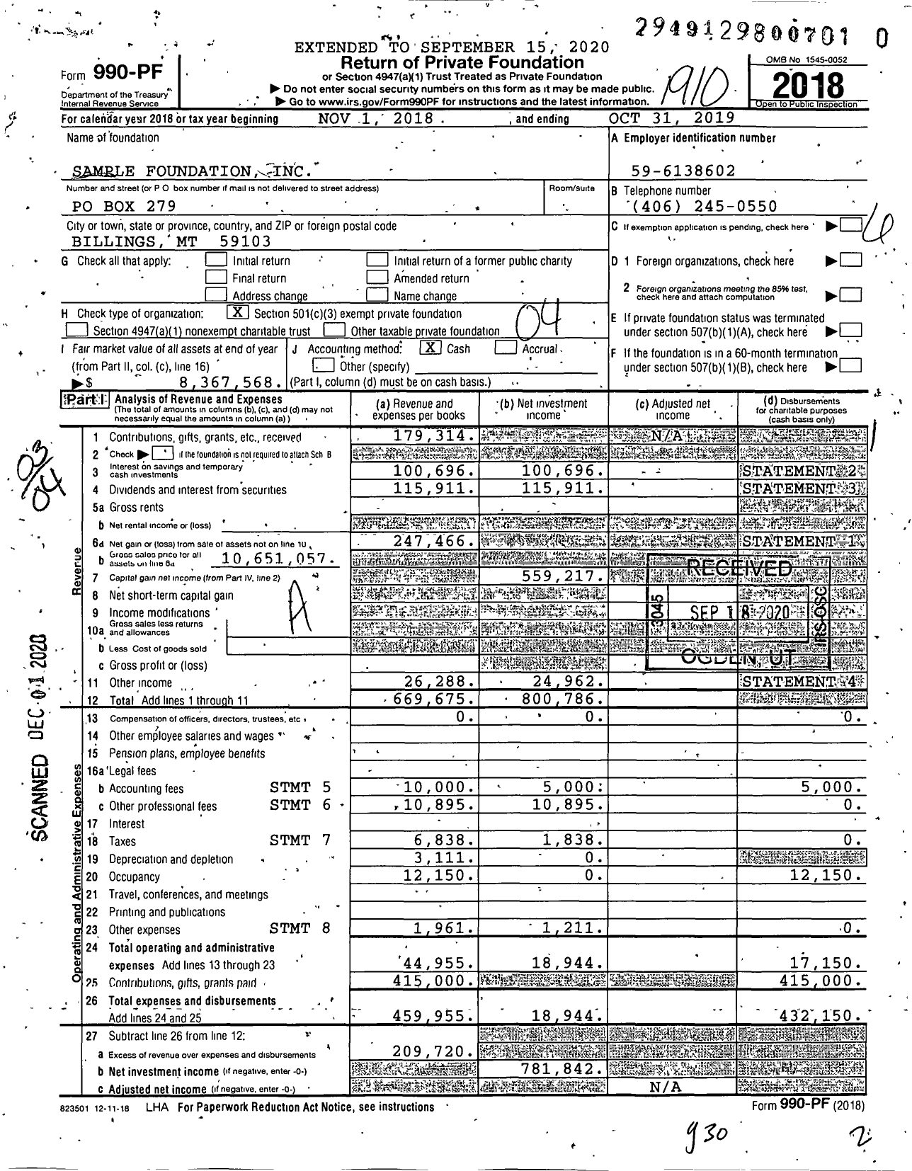 Image of first page of 2018 Form 990PF for Sample Foundation