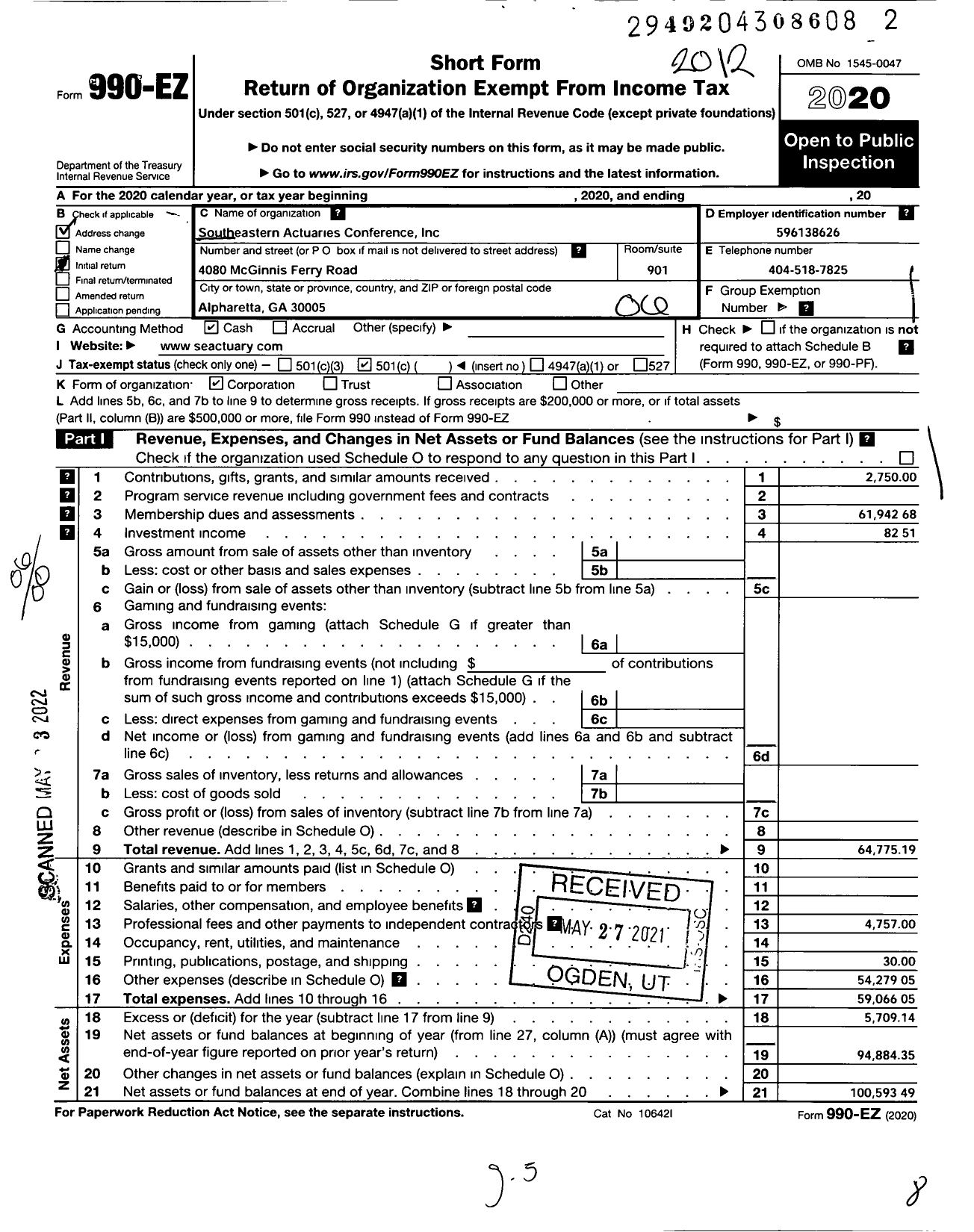 Image of first page of 2020 Form 990EO for Southeastern Actuaries Club